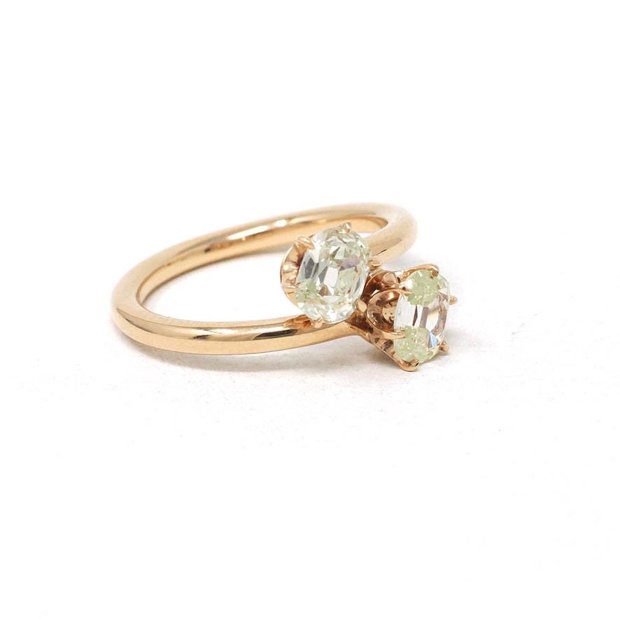 Diamond Toi Et Moi Ring - Edwardian Era 14k Rosy Yellow Gold .81 CTW Old Mine Cut Bypass Band - Size 6 3/4 Fine Bridal Engagement Jewelry