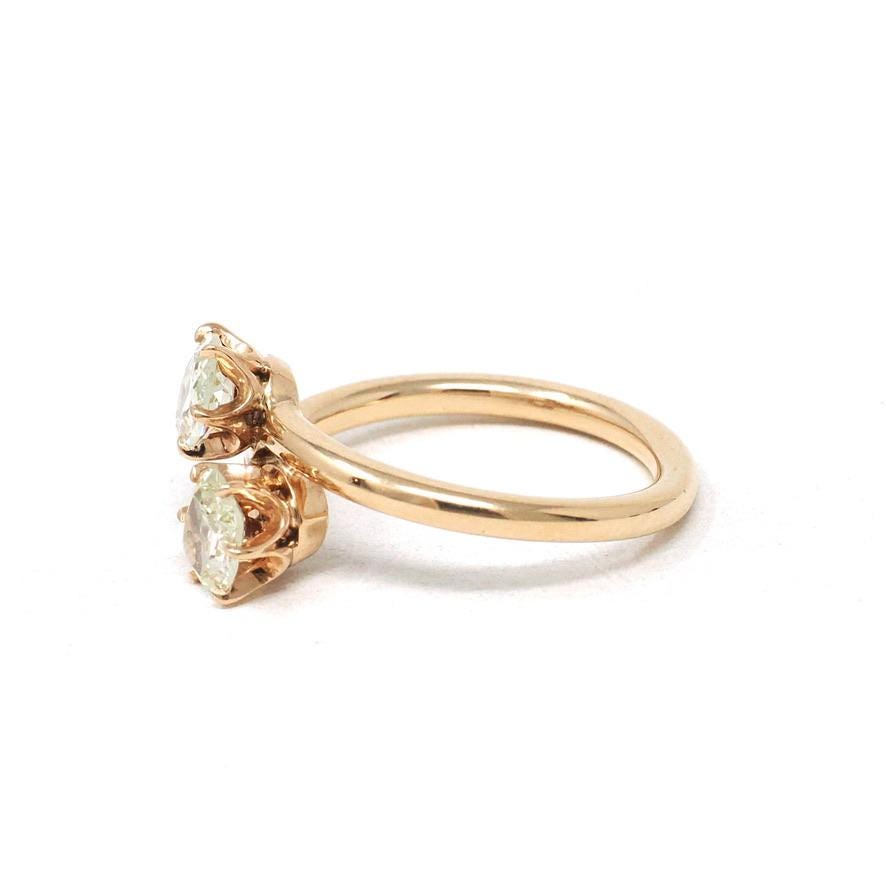 Diamond Toi Et Moi Ring - Edwardian Era 14k Rosy Yellow Gold .81 CTW Old Mine Cut Bypass Band - Size 6 3/4 Fine Bridal Engagement Jewelry