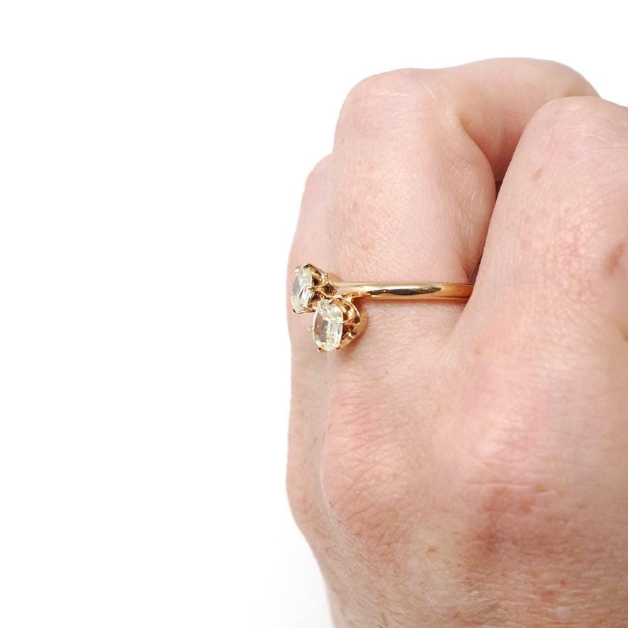 Diamond Toi Et Moi Ring - Edwardian Era 14k Rosy Yellow Gold .81 CTW Old Mine Cut Bypass Band - Size 6 3/4 Fine Bridal Engagement Jewelry