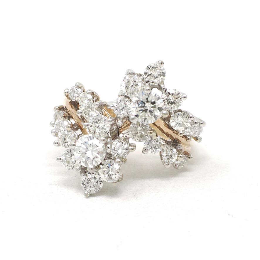 Diamond Bypass Ring - Modern Estate 14k Yellow White Gold 2.29 CTW Flower Star Spray Cocktail Statement - Circa 1990s Size 5.5 Fine Jewelry