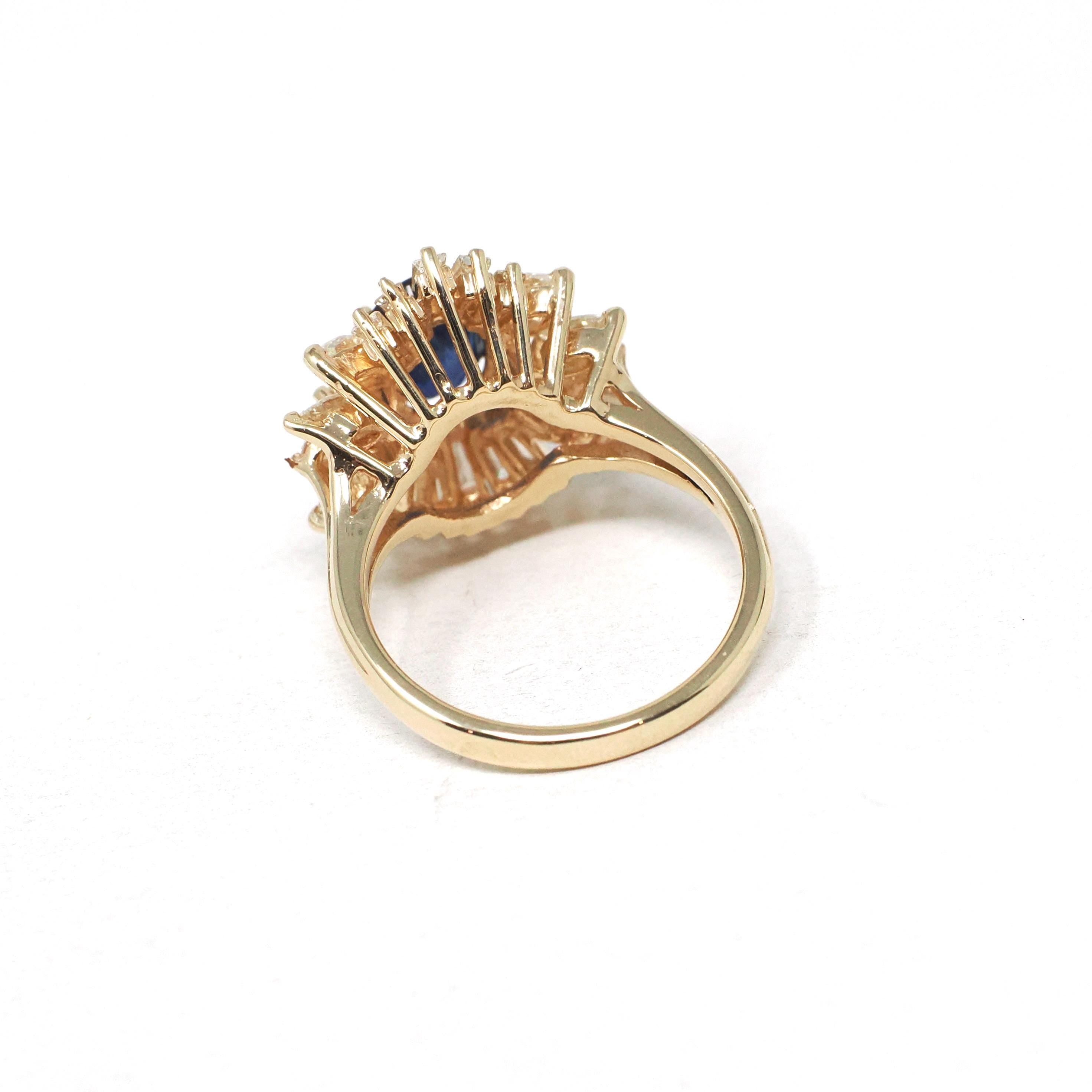 Vintage Ballerina Halo Ring - Estate 14k Yellow Gold Natural Sapphire Diamond Round Baguette Cluster - Modern 1990s Engagement Fine Jewelry