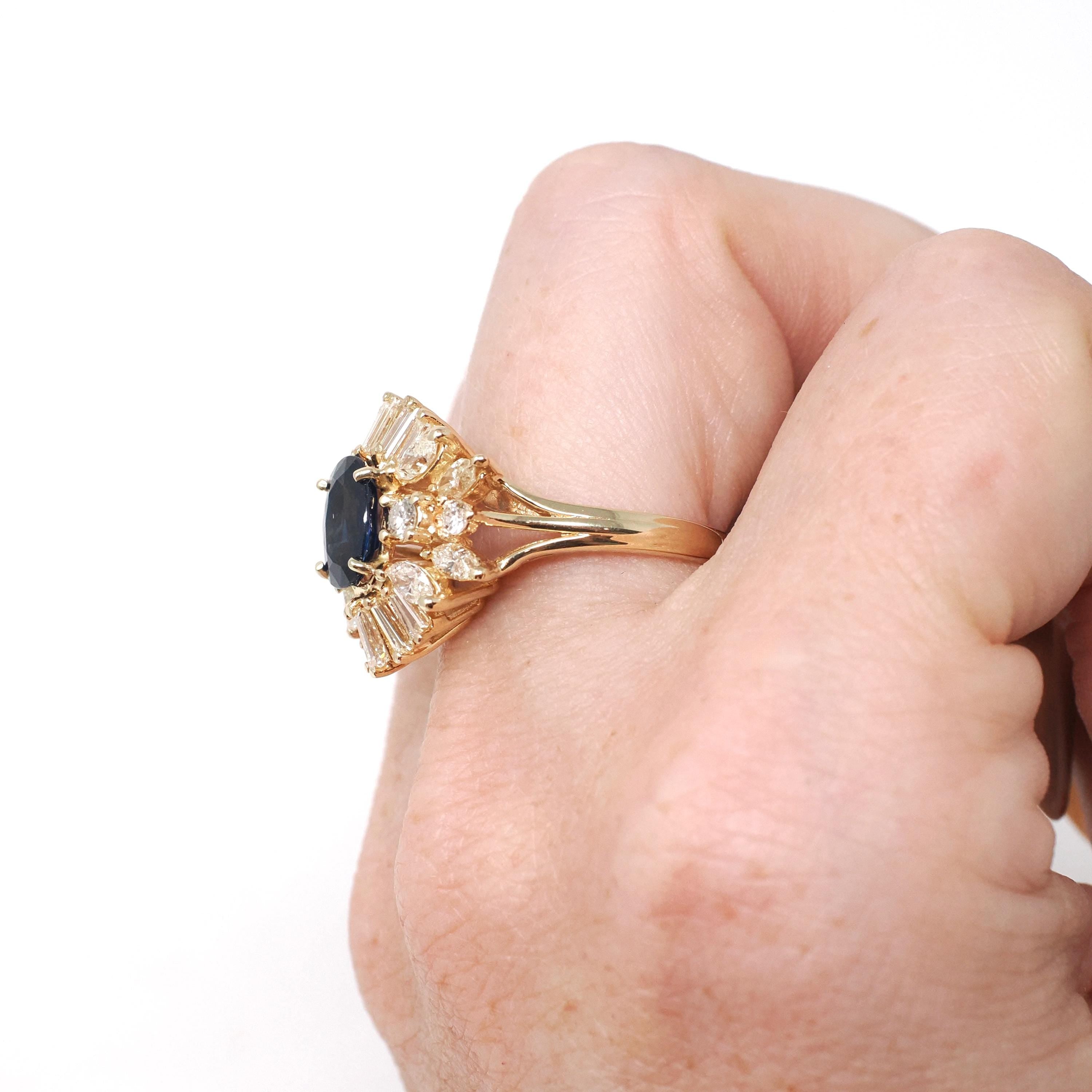 Vintage Ballerina Halo Ring - Estate 14k Yellow Gold Natural Sapphire Diamond Round Baguette Cluster - Modern 1990s Engagement Fine Jewelry