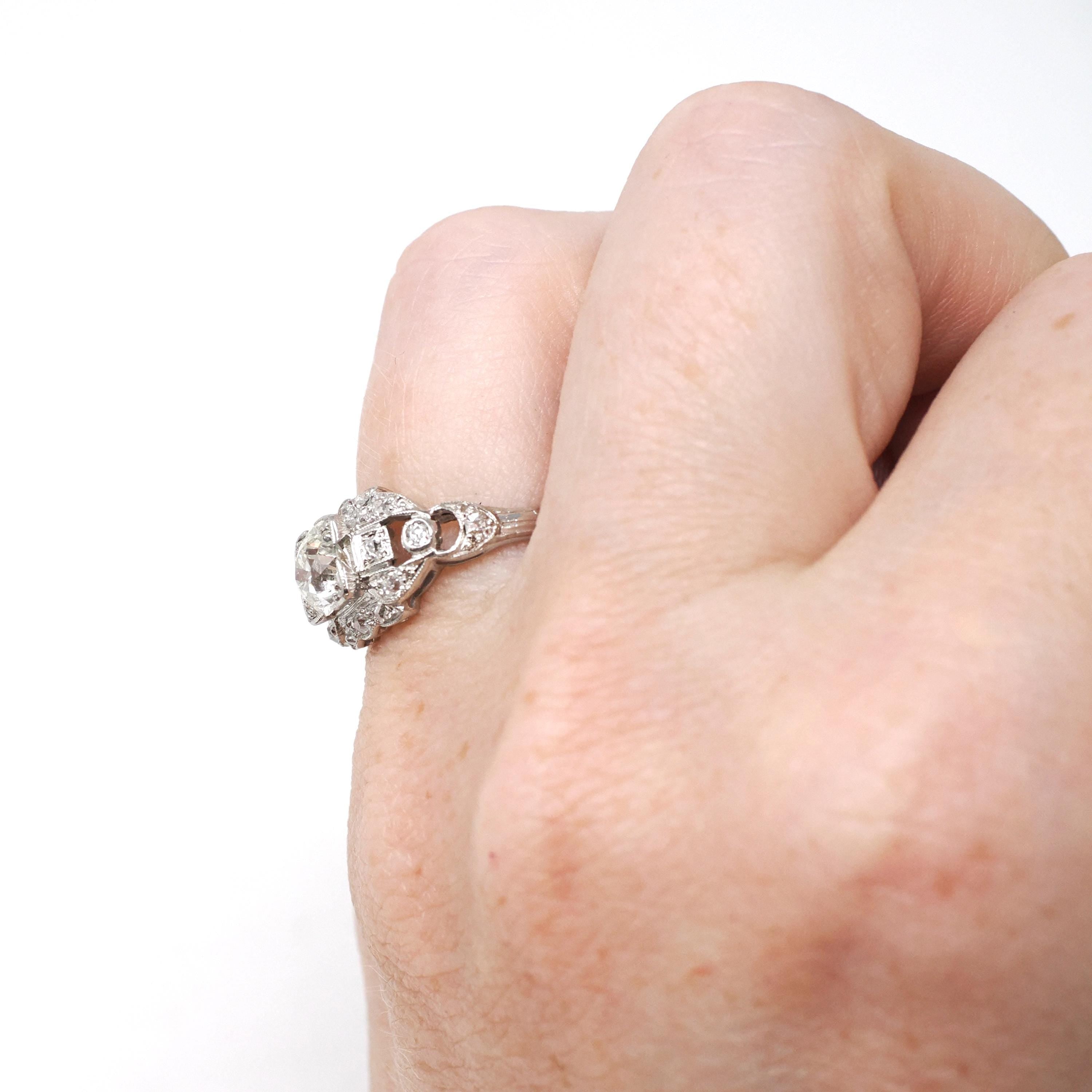 Art Deco Engagement Ring - Vintage Platinum 1.10 CTW Natural Diamonds - Circa 1930s Handmade Geometric Size 5 1/4 Fine Bridal Report Jewelry