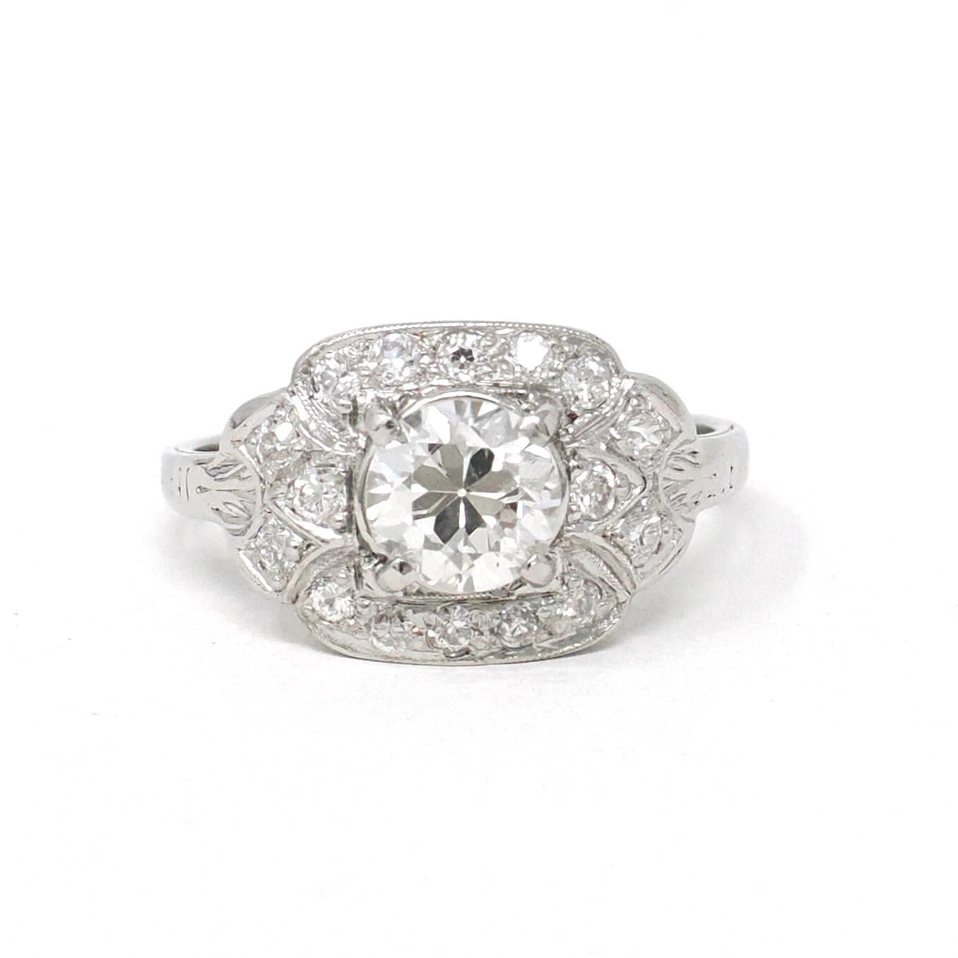 Art Deco Diamond Ring - Vintage Platinum 1.05 CTW Natural Gemstones - Circa 1920s Era Handmade Geometric Cluster Size 5 1/4 Fine 20s Jewelry