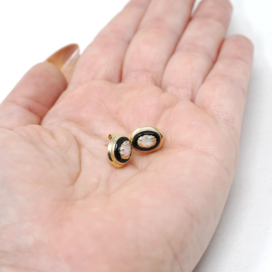 Onyx & Opal Earrings - Retro 14k Yellow Gold Oval Black Chalcedony Gemstones Pierced Post Studs - Vintage 1960s Era Push Back Fine Jewelry