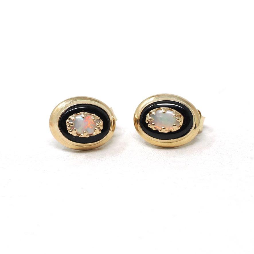 Onyx & Opal Earrings - Retro 14k Yellow Gold Oval Black Chalcedony Gemstones Pierced Post Studs - Vintage 1960s Era Push Back Fine Jewelry