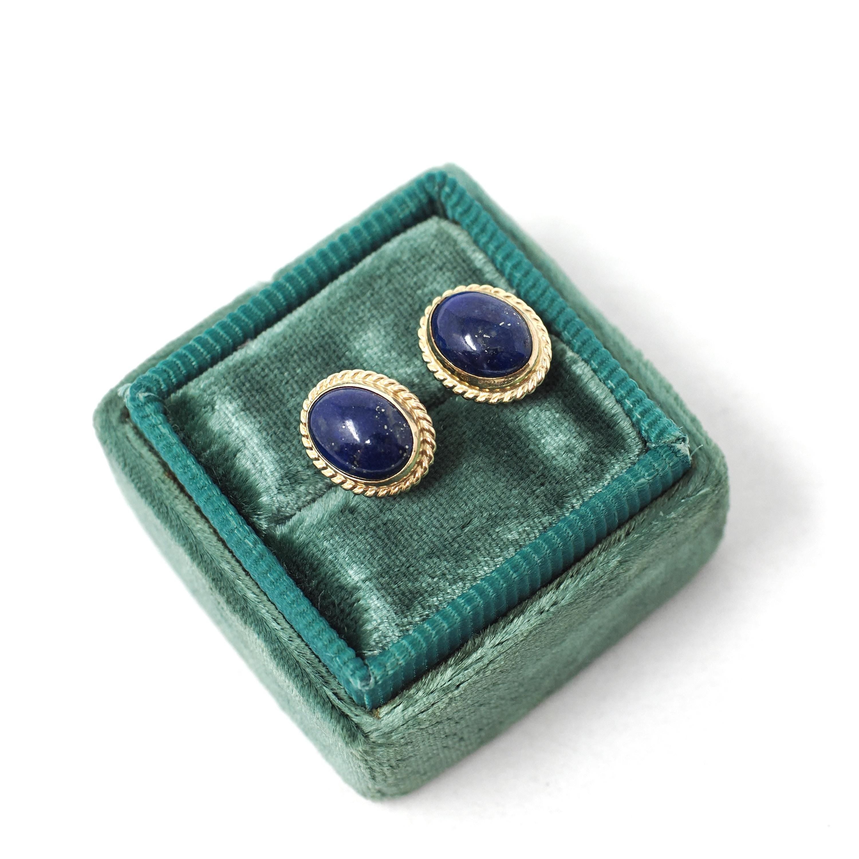 Lapis Lazuli Earrings - Retro 14k Yellow Gold Oval Cabochon Cut Blue Gemstones Pierced Post Studs - Vintage 1960s Era Push Back Fine Jewelry