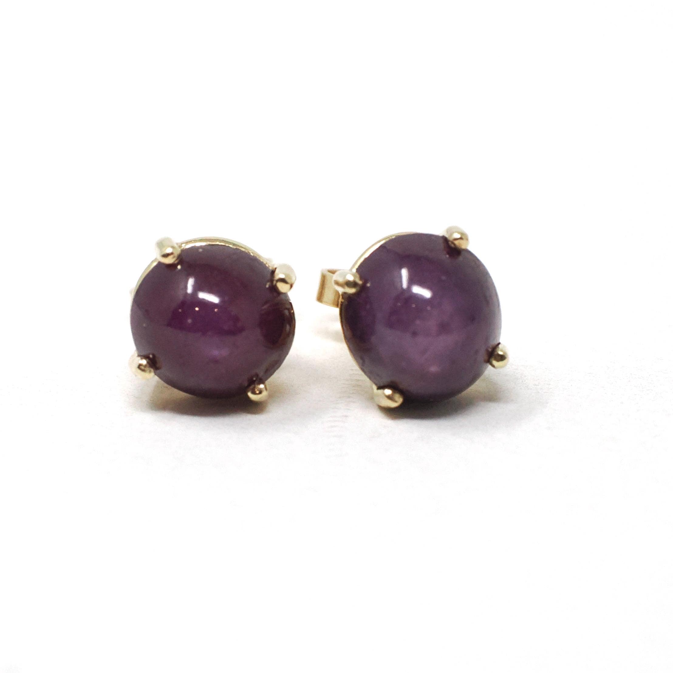 Star Ruby Earrings - Modern 14k Yellow Gold Cabochon Cut Red Purple Natural Gem Pierce Studs - Estate Circa 2000s Era Push Back Fine Jewelry