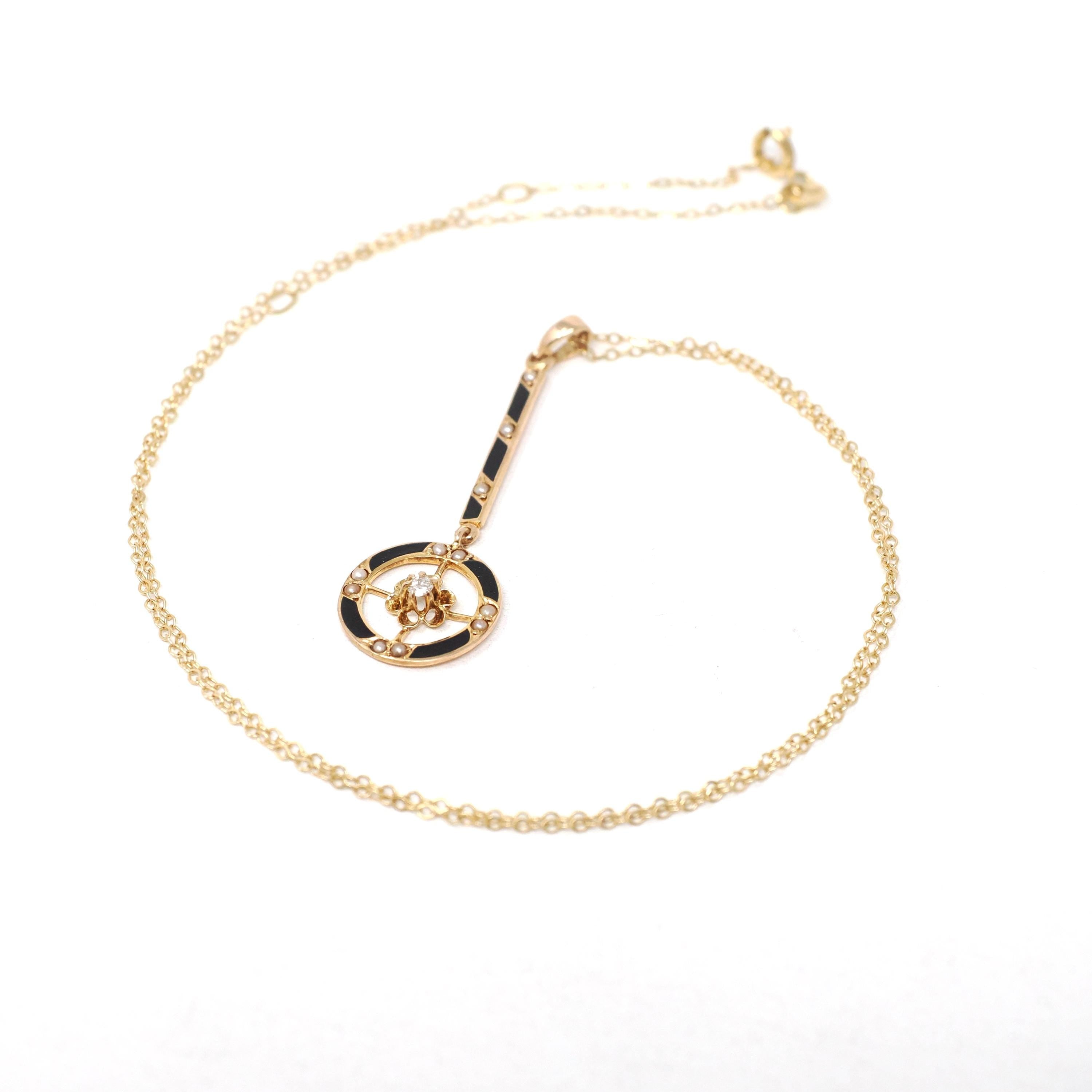 Antique Victorian Lavalier - 10k Yellow Gold Seed Pearl Diamond & Black Enamel Pendant - Circa 1890s Era Necklace Fine Statement Jewelry