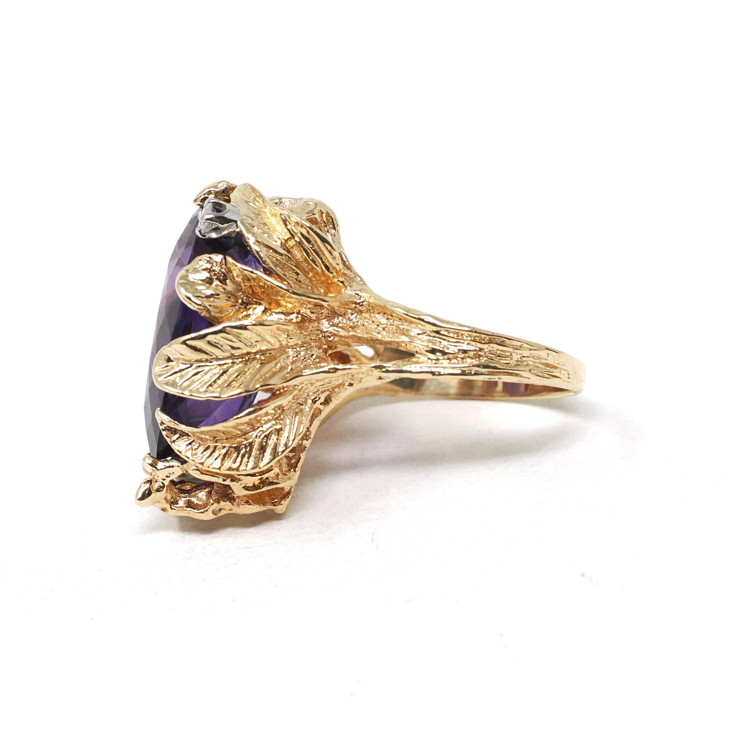 Vintage Amethyst Ring - Modern 14k Yellow Gold Natural Purple 9.78 CT Gem Diamonds - Estate Circa 1980s Size 6 1/4 Leaf Nature Fine Jewelry