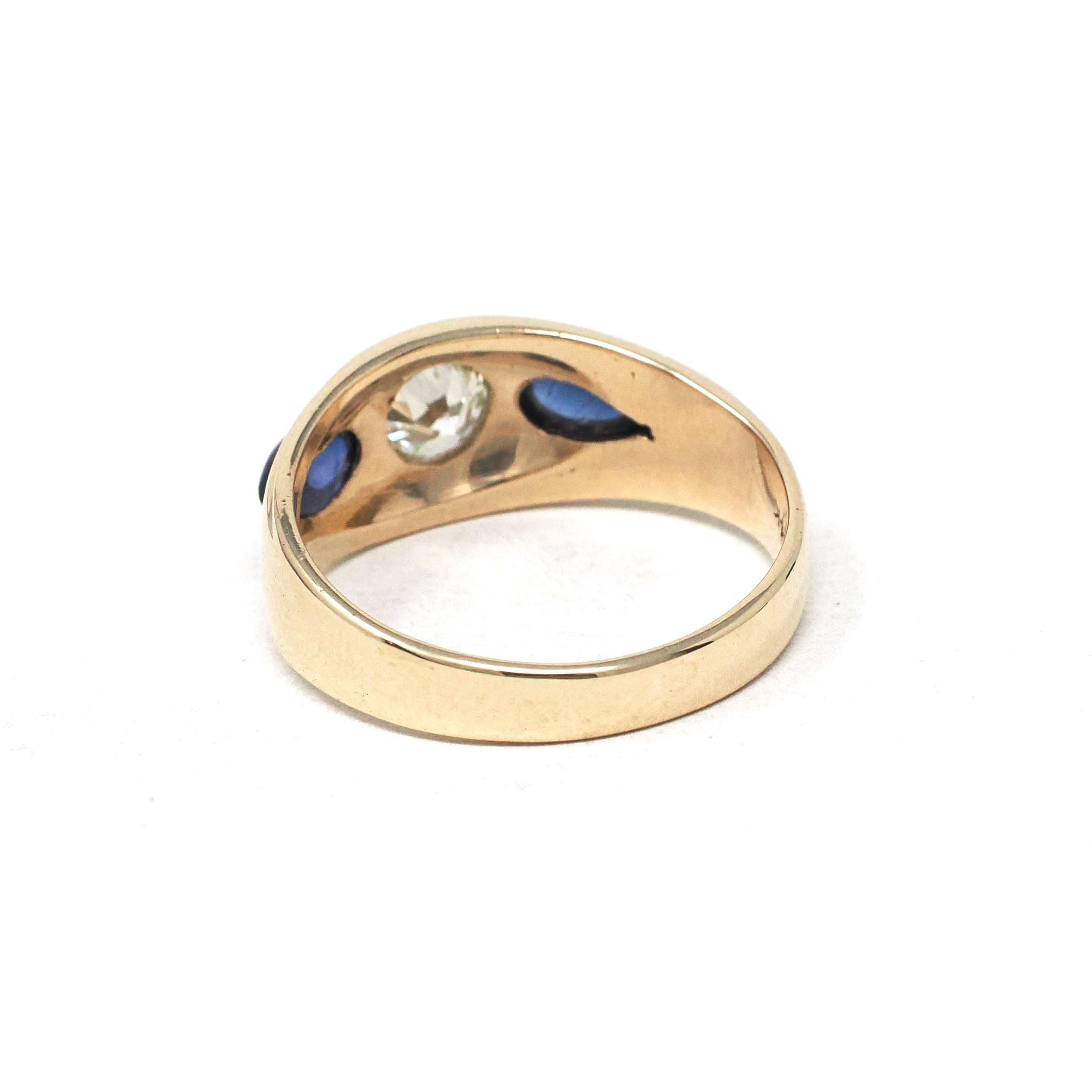 Diamond & Created Sapphire Ring - Mid Century 14k Yellow Gold Natural .57CT Old European Cut Band - Circa 1960s Size 9.5 Fine Bridal Jewelry