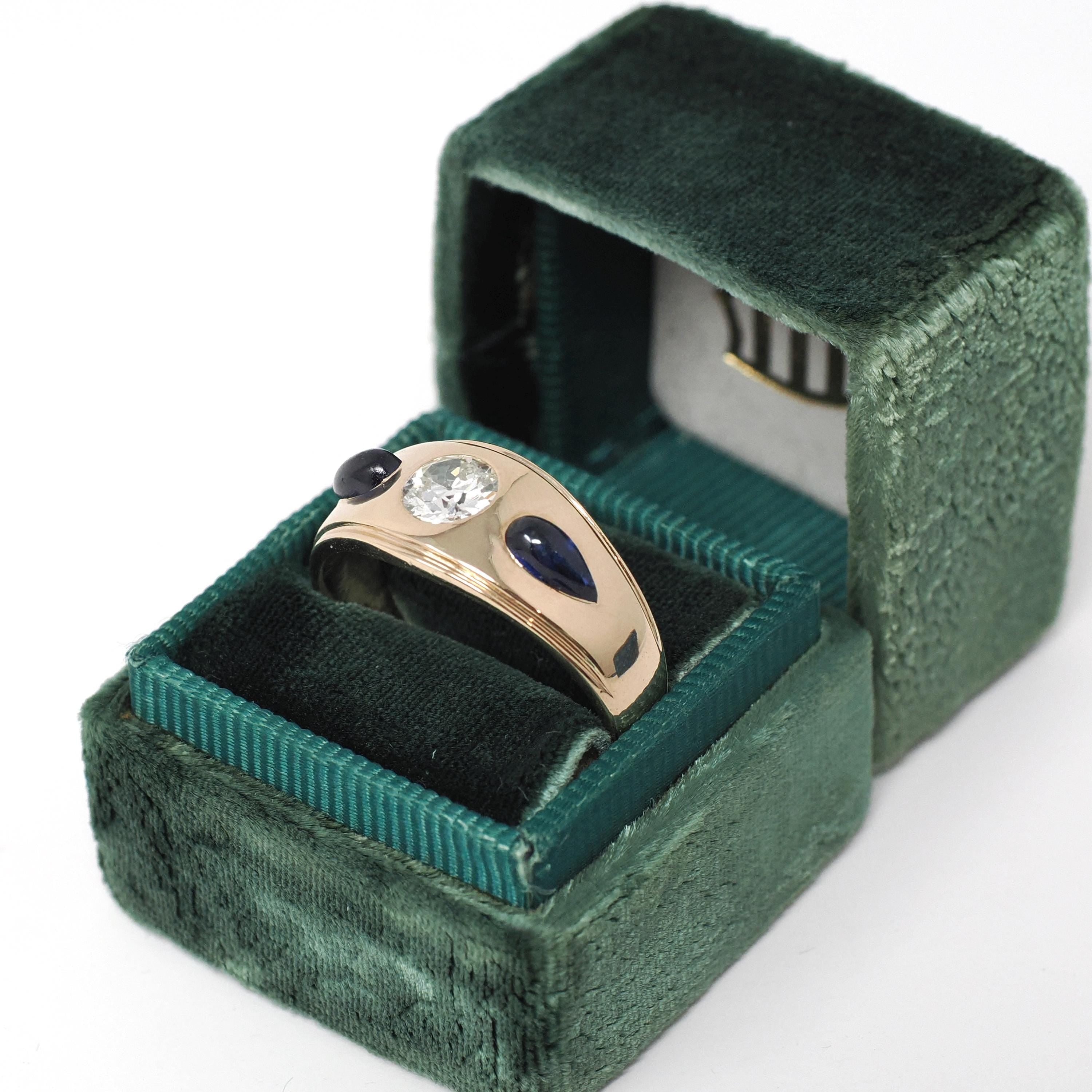 Diamond & Created Sapphire Ring - Mid Century 14k Yellow Gold Natural .57CT Old European Cut Band - Circa 1960s Size 9.5 Fine Bridal Jewelry
