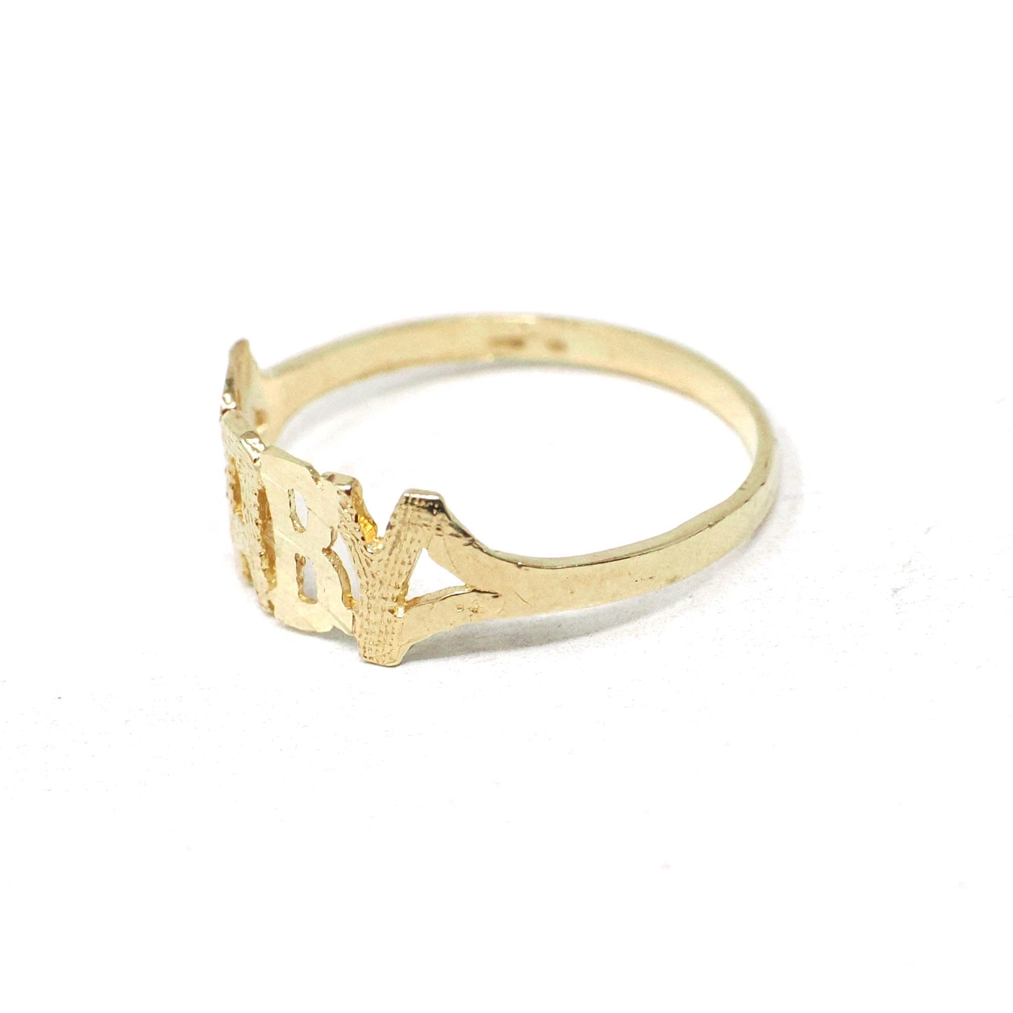 Vintage "Baby" Ring - Estate 10k Yellow Gold Textured Child Pet Name Band - Circa 1990s Era Size 3 3/4 Petite Dainty Newborn Fine Jewelry