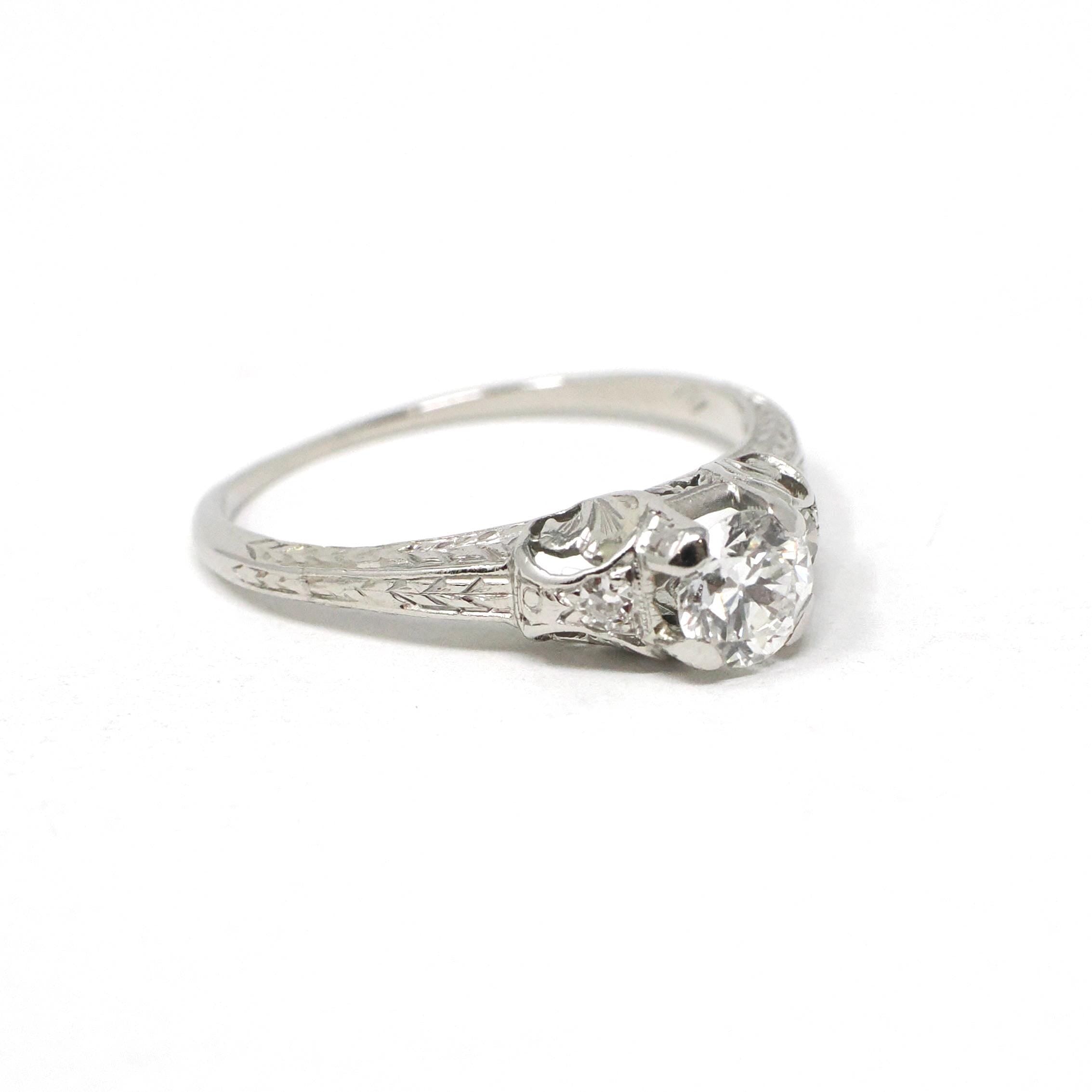 Vintage Engagement Ring - Art Deco Platinum Natural Diamond Wedding - Circa 1930s Era Size 6 1/2 Bridal Wheat Design Fine Statement Jewelry