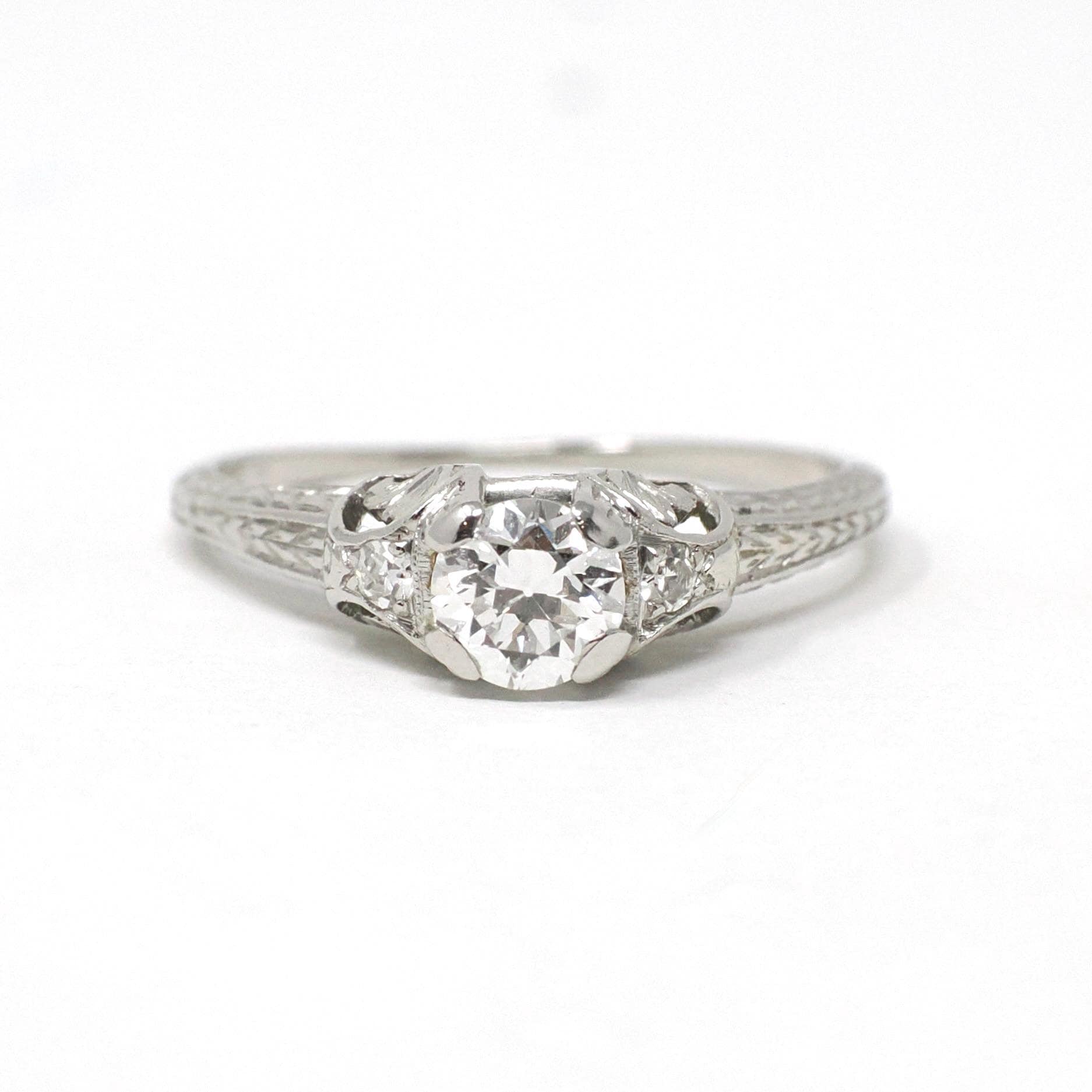 Vintage Engagement Ring - Art Deco Platinum Natural Diamond Wedding - Circa 1930s Era Size 6 1/2 Bridal Wheat Design Fine Statement Jewelry