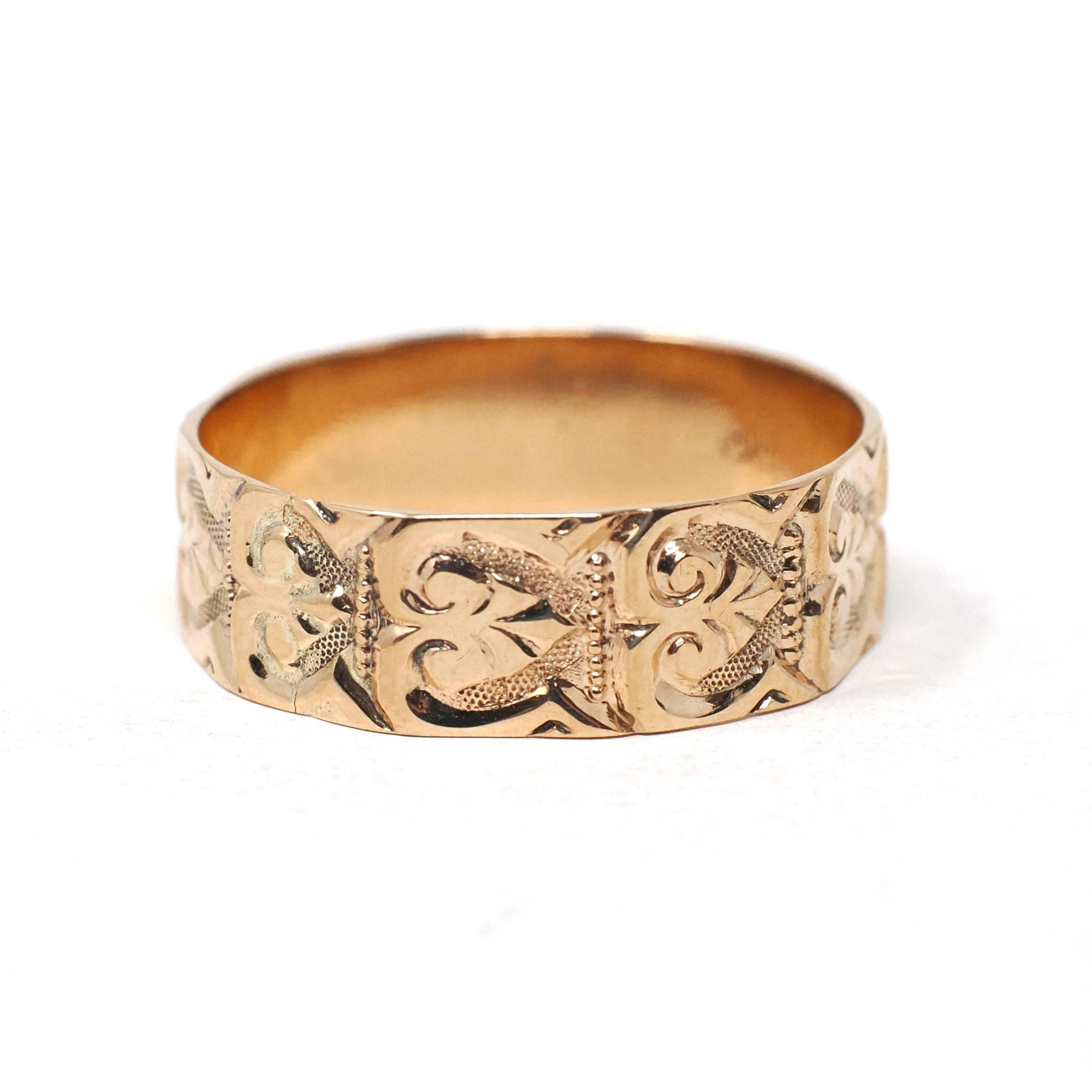 Antique Cigar Band - Edwardian 10k Rose Gold Nature Inspired Scroll Floral Design Ring - Circa 1890s Era Size 8 1/4 Statement Fine Jewelry