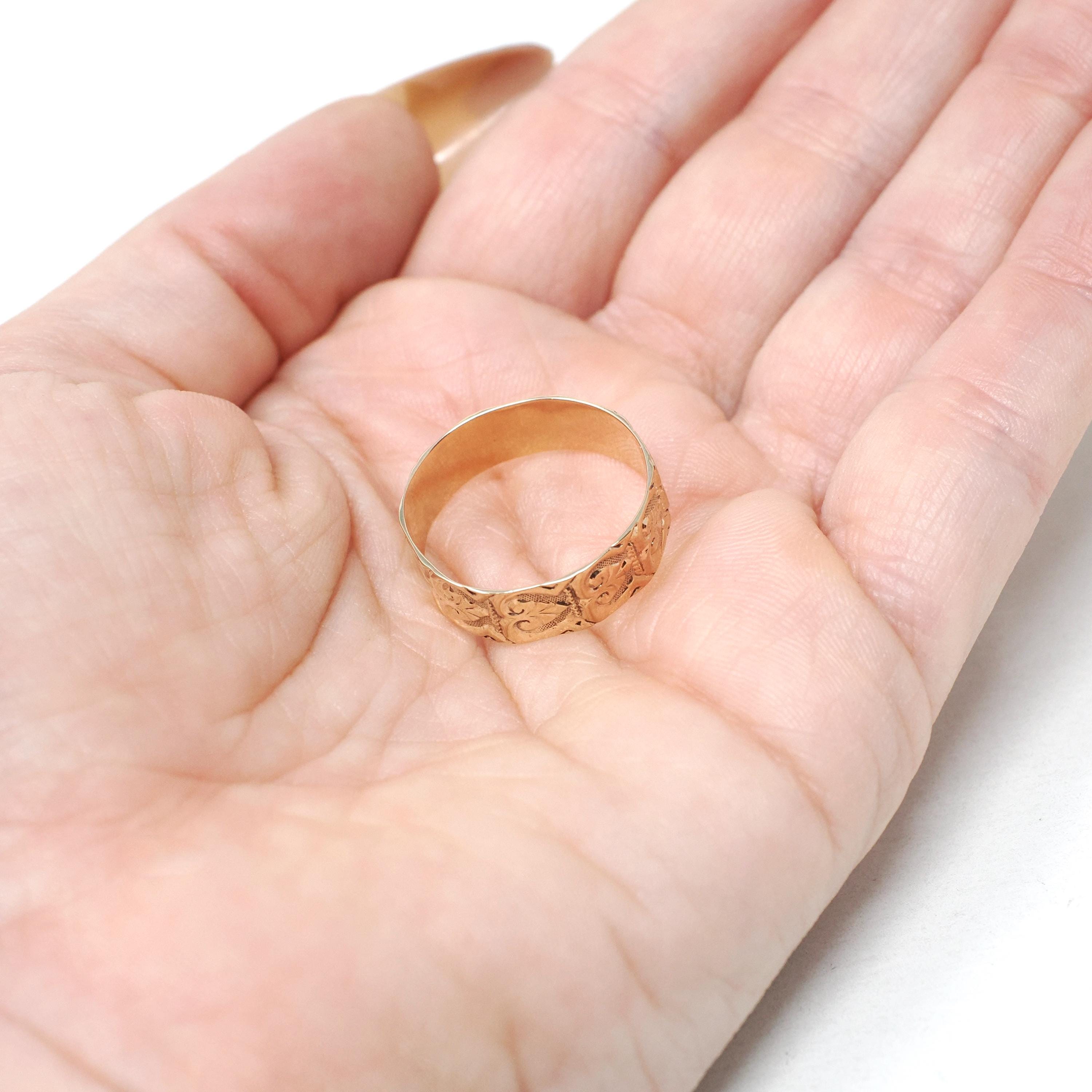Antique Cigar Band - Edwardian 10k Rose Gold Nature Inspired Scroll Floral Design Ring - Circa 1890s Era Size 8 1/4 Statement Fine Jewelry