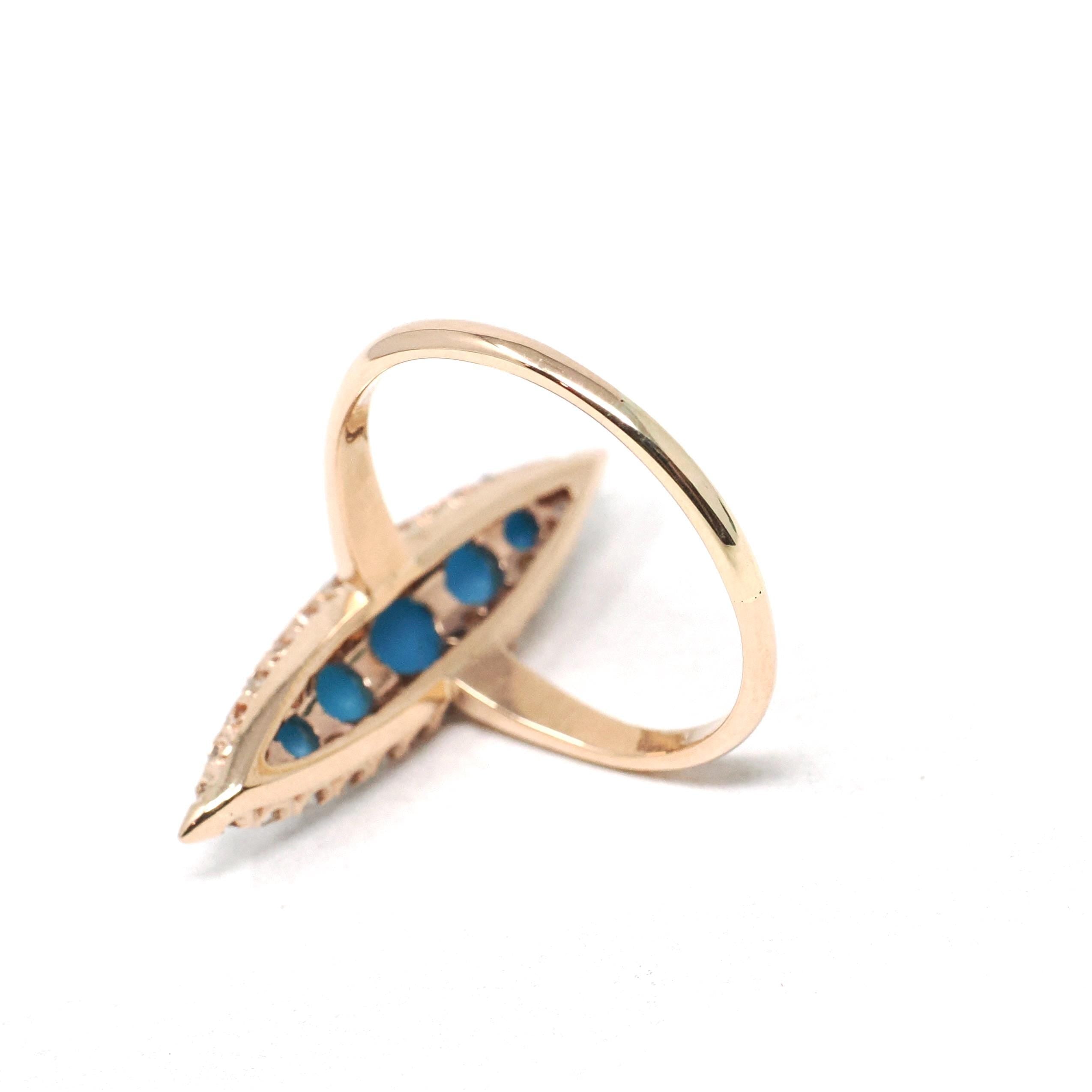 Antique Navette Ring - Victorian 10k Gold Natural Rose Cut Diamonds & Simulated Turquoise Statement - Vintage Circa 1900 Size 7 Fine Jewelry