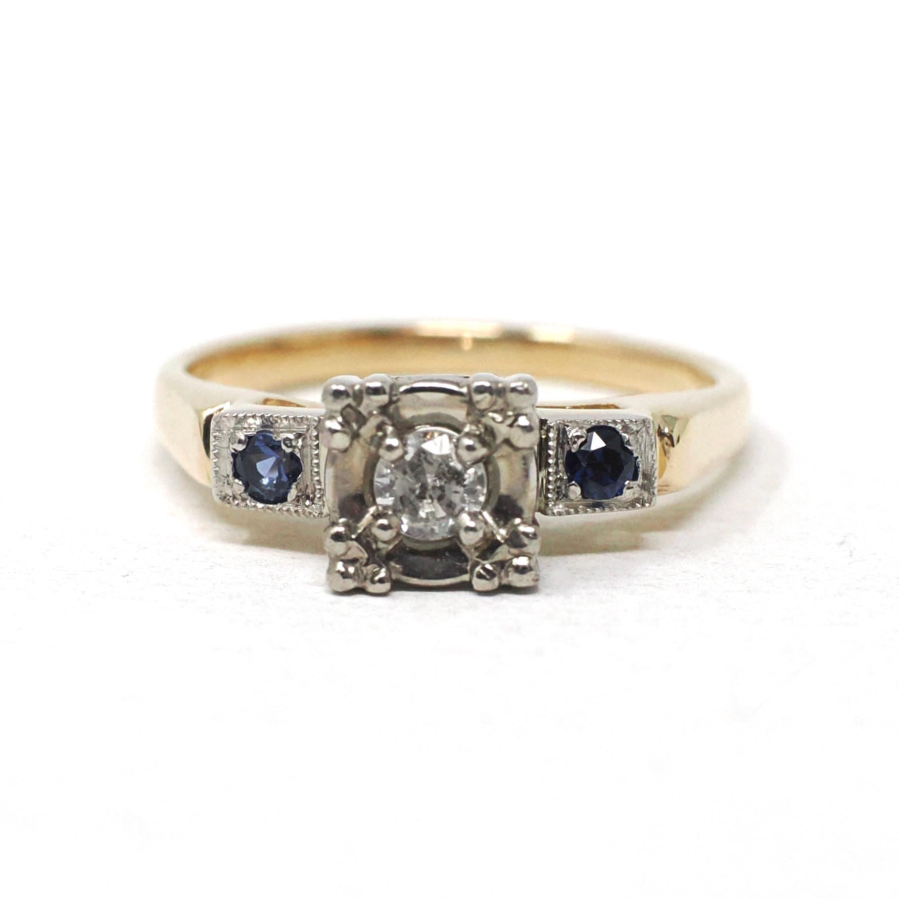 Mid Century Diamond Ring - Vintage 14k Yellow & White Gold Natural Sapphires Engagement - Circa 1940s Size 3 Two Tone Illusion Fine Jewelry