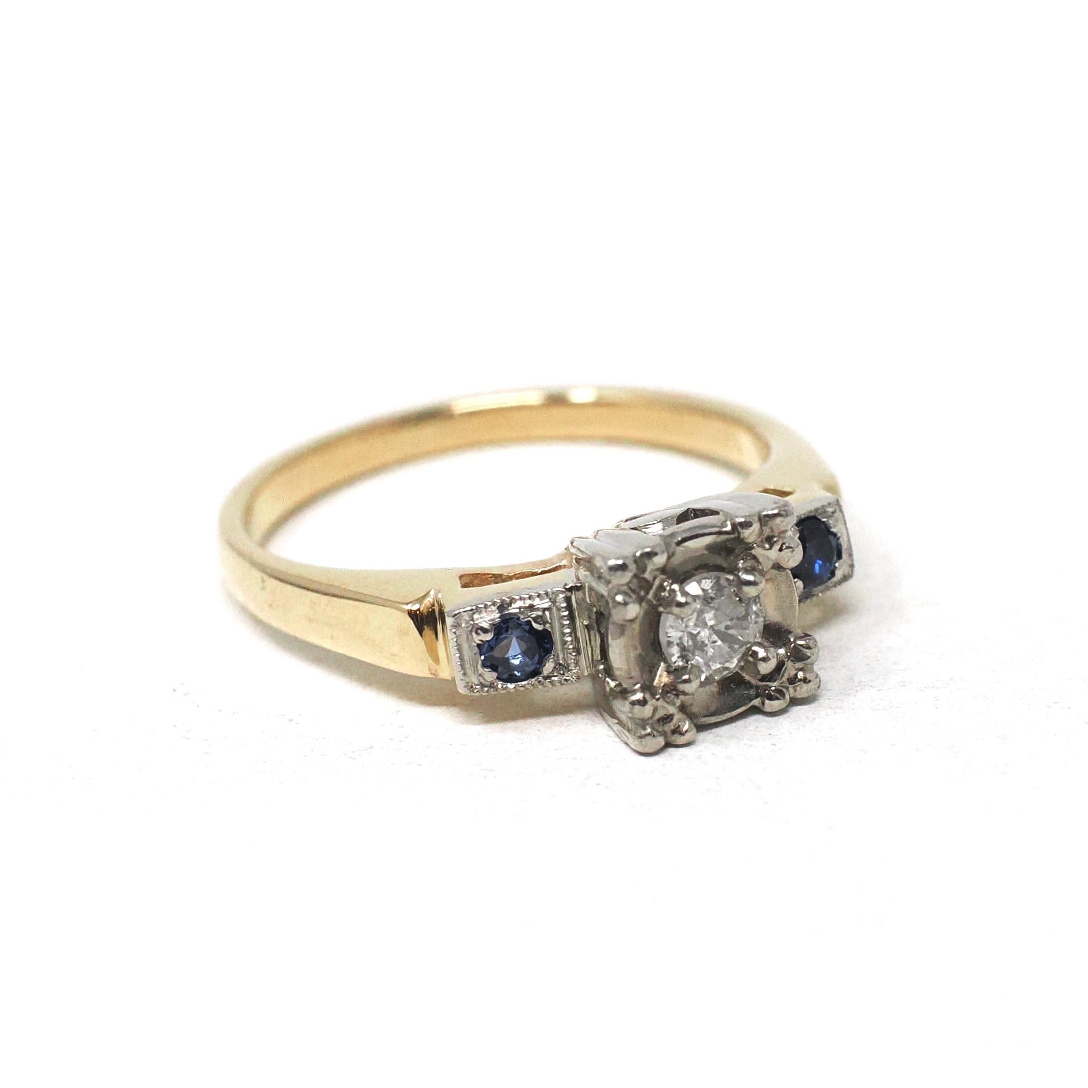 Mid Century Diamond Ring - Vintage 14k Yellow & White Gold Natural Sapphires Engagement - Circa 1940s Size 3 Two Tone Illusion Fine Jewelry