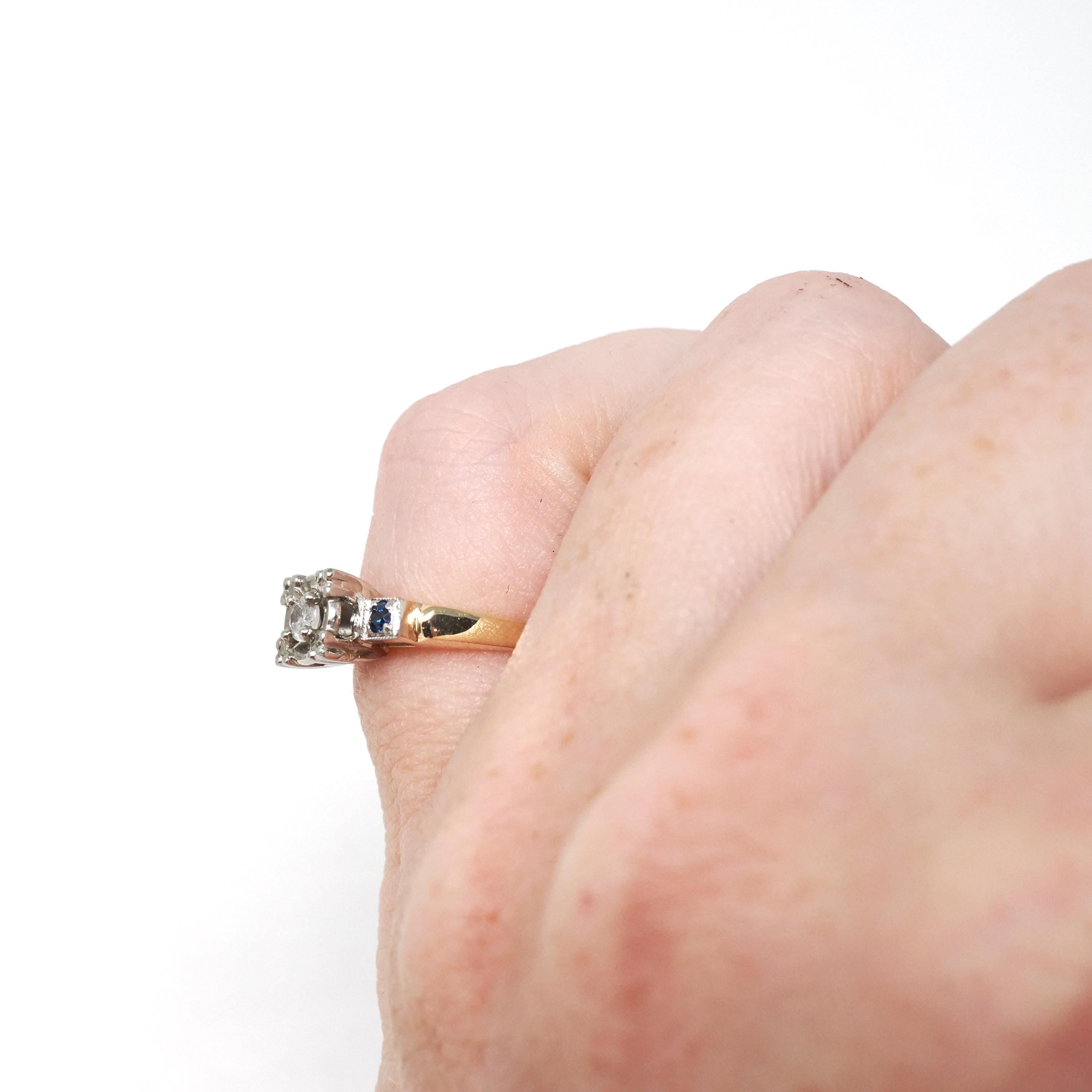 Mid Century Diamond Ring - Vintage 14k Yellow & White Gold Natural Sapphires Engagement - Circa 1940s Size 3 Two Tone Illusion Fine Jewelry