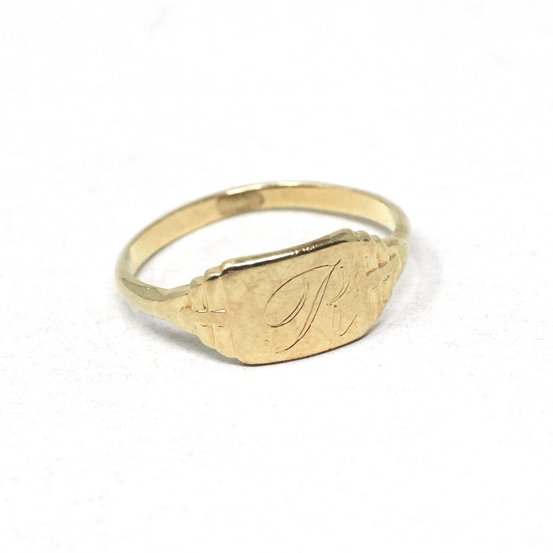 Vintage "R" Signet Ring - Mid Century 10k Yellow Gold Engraved Initial Script Letter - Circa 1940s Era Size 1 Petite Midi Pinky Fine Jewelry