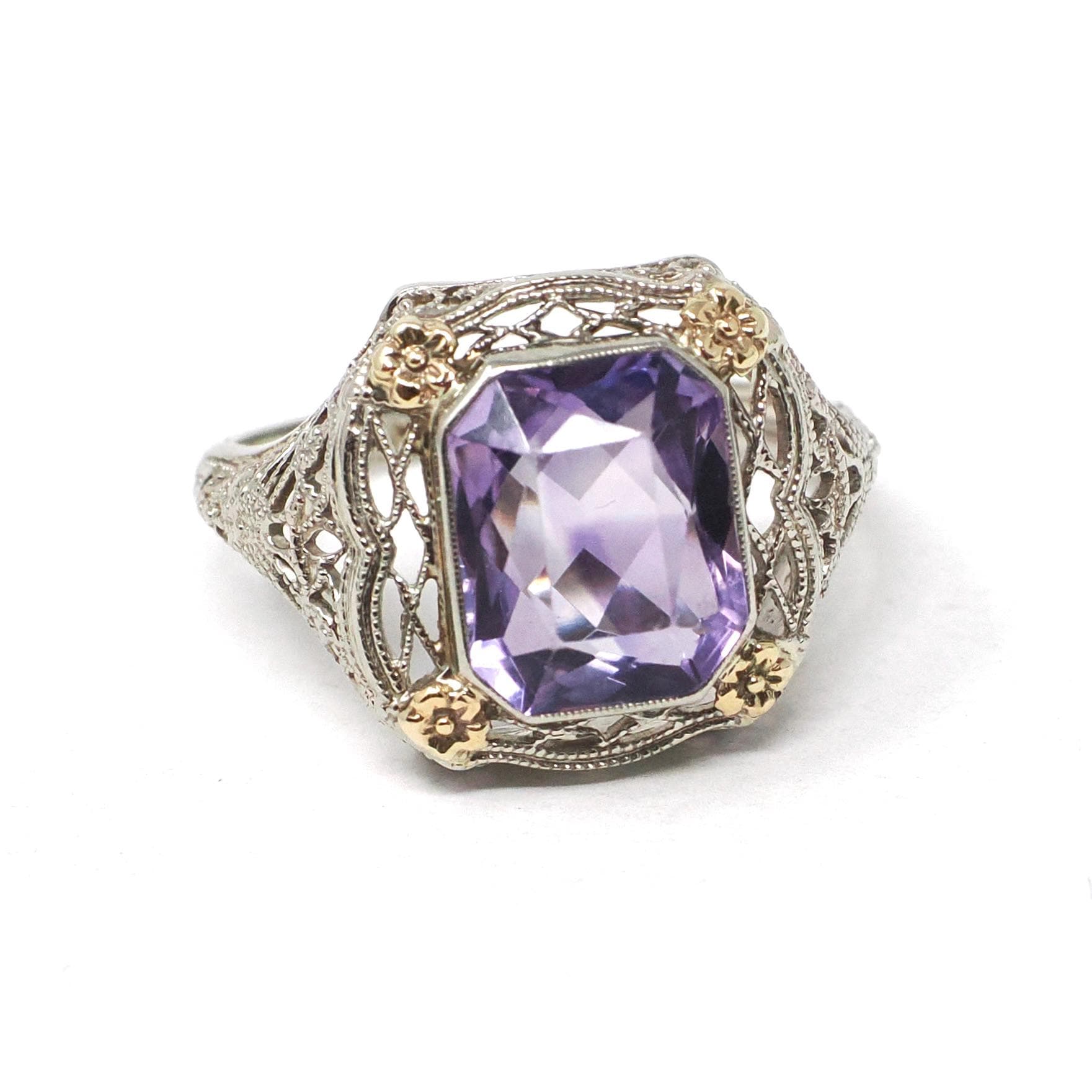 Vintage Amethyst Ring - Art Deco 14k White Gold Filigree French Cut Purple Gem - Circa 1930s Era Size 6 1/4 Floral Two Tone Fine Jewelry
