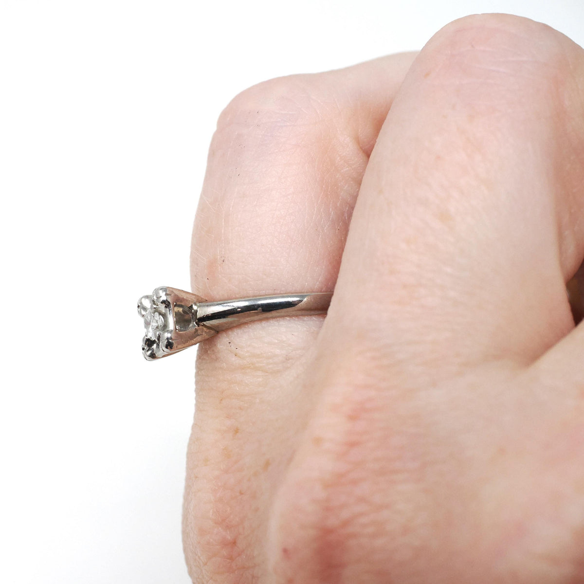 Mid Century Diamond Ring - Vintage 14k White Gold Natural Gemstone Engagement - Circa 1950s Era Size 5 Illusion Solitaire Fine 50s Jewelry