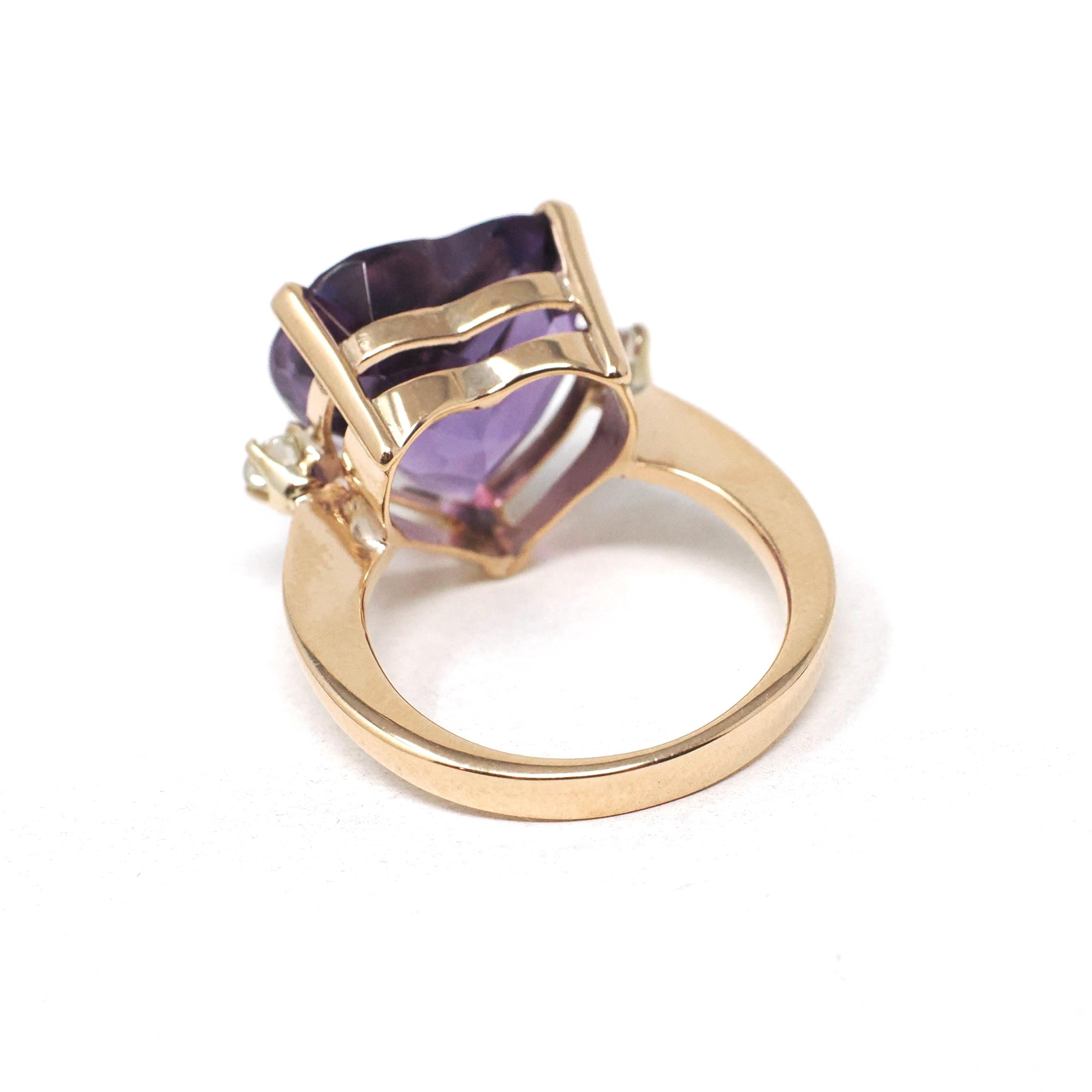 Amethyst Heart Ring - Estate 14k Yellow Gold Purple Gem & .16 CTW Diamonds - Modern Circa 2000s Era Size 5 February Birthstone Fine Jewelry
