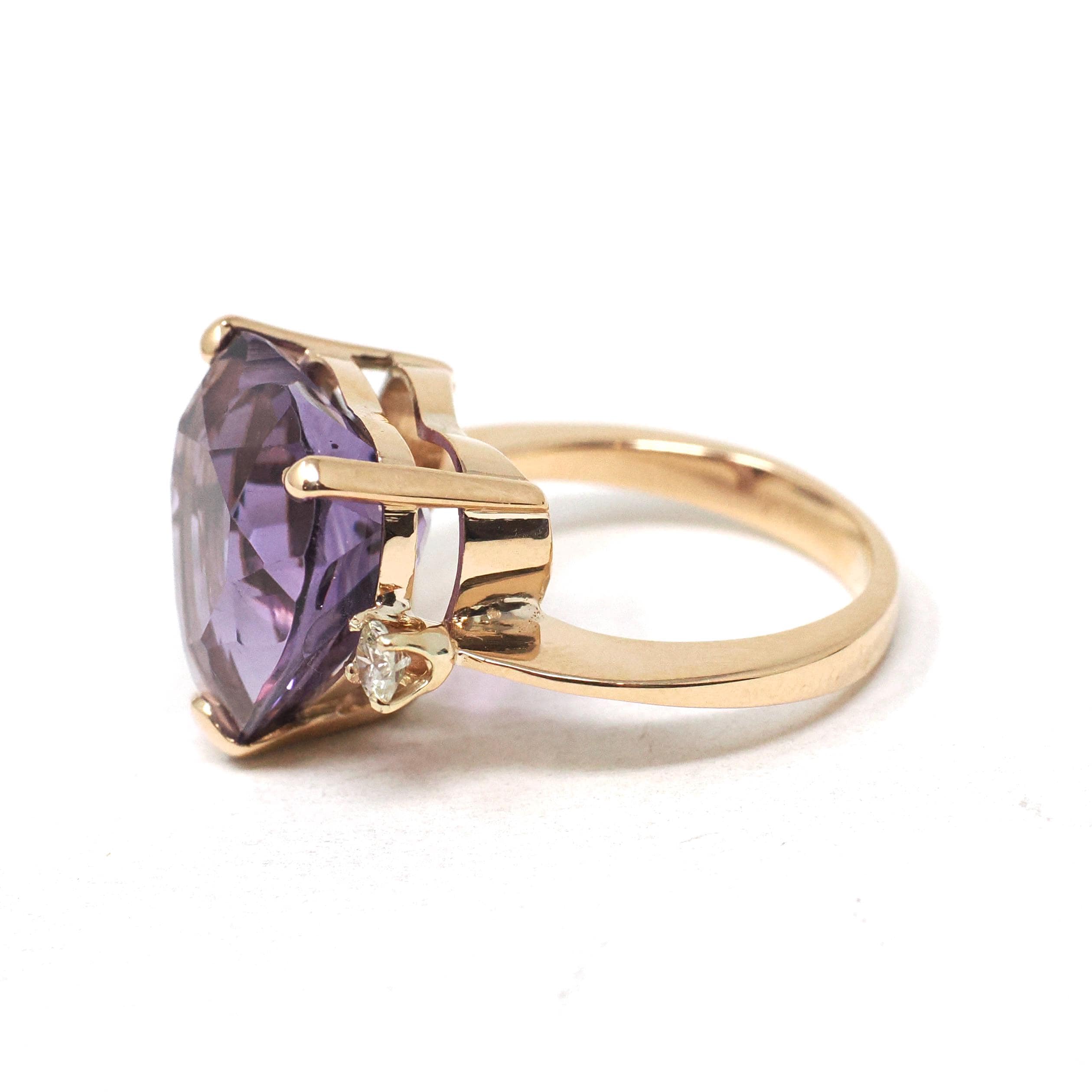 Amethyst Heart Ring - Estate 14k Yellow Gold Purple Gem & .16 CTW Diamonds - Modern Circa 2000s Era Size 5 February Birthstone Fine Jewelry