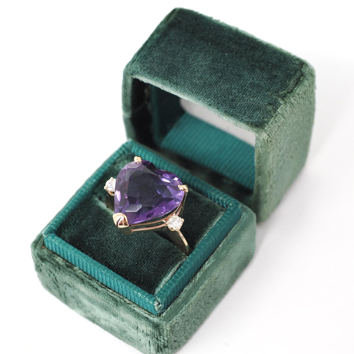 Amethyst Heart Ring - Estate 14k Yellow Gold Purple Gem & .16 CTW Diamonds - Modern Circa 2000s Era Size 5 February Birthstone Fine Jewelry