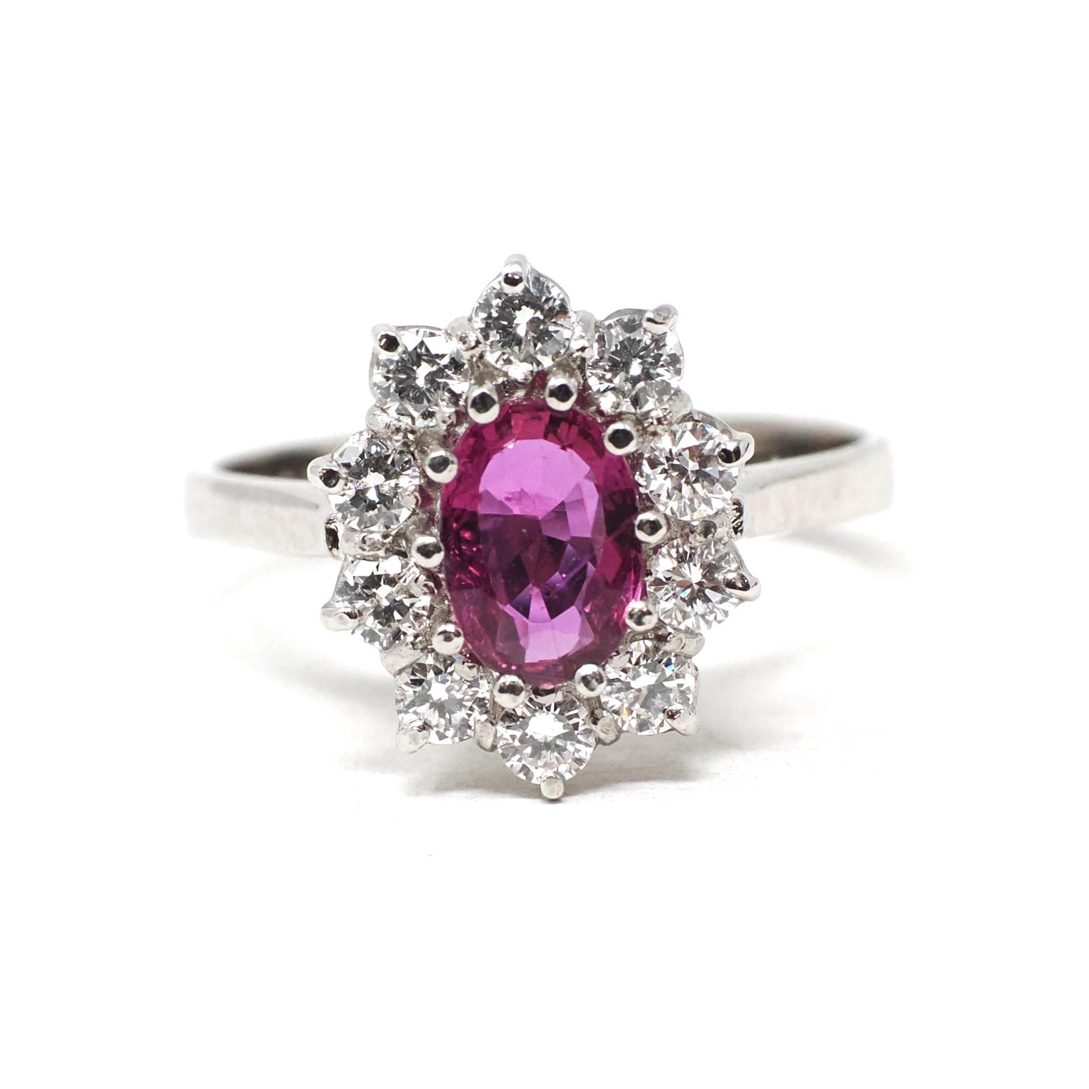 Pink Sapphire Halo Ring - Estate 14k White Gold Diamond Cluster Engagement - Circa 1990s Era Size 7 July Birthstone Anniversary Fine Jewelry