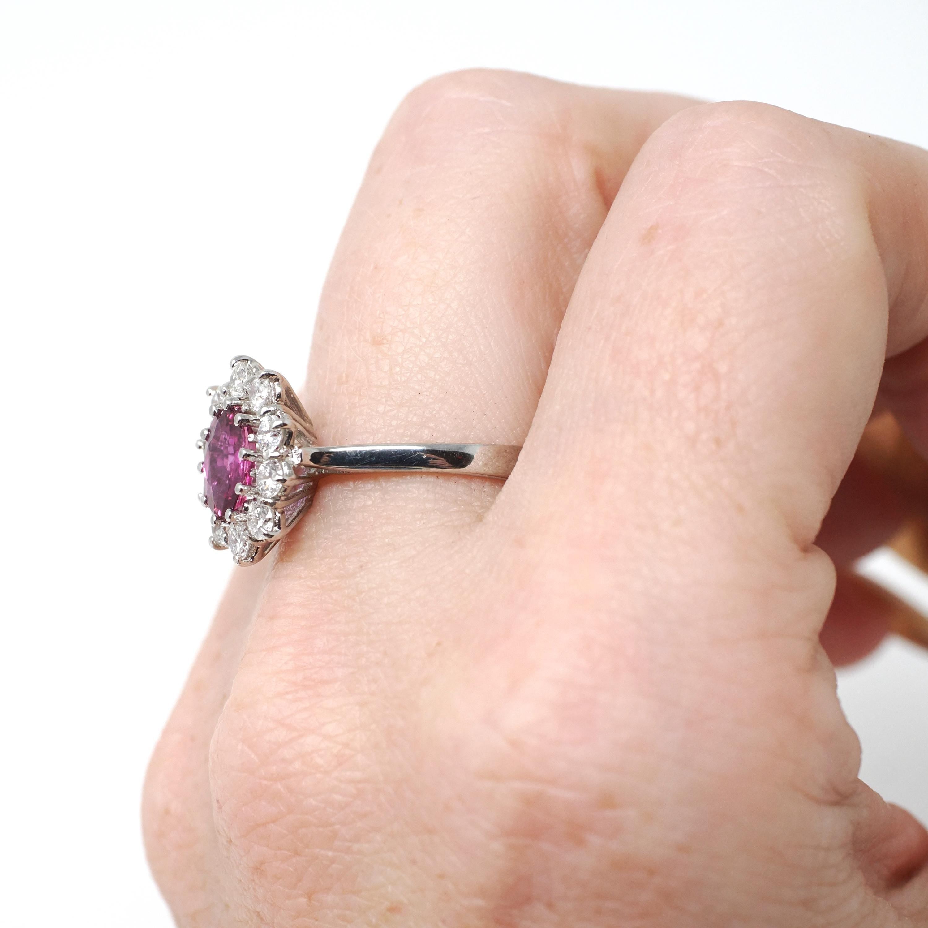 Pink Sapphire Halo Ring - Estate 14k White Gold Diamond Cluster Engagement - Circa 1990s Era Size 7 July Birthstone Anniversary Fine Jewelry