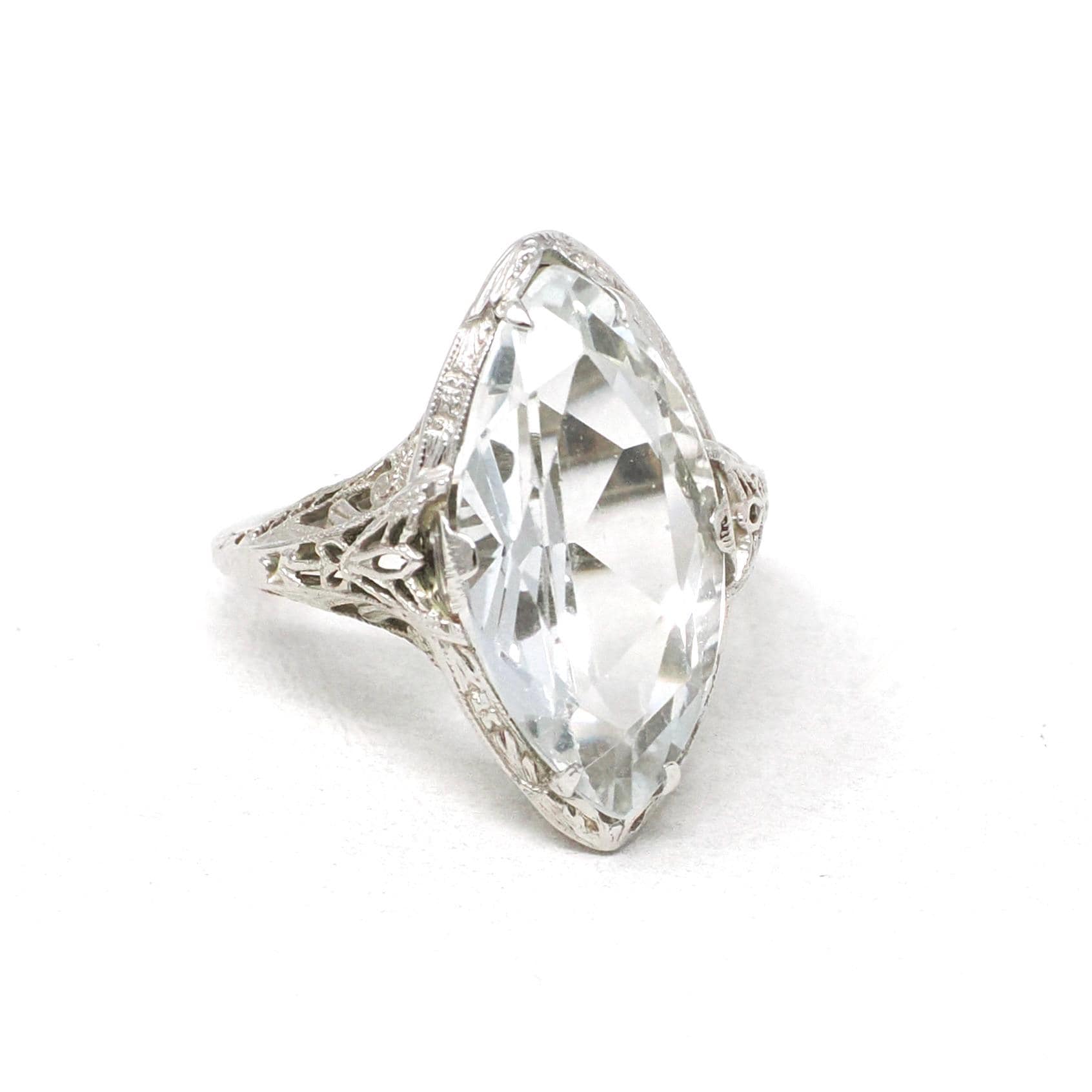 Vintage Aquamarine Ring - Art Deco 14k White Gold Blue Marquise Gemstone - Circa 1930s Era Size 4 Filigree March Birthstone Fine Jewelry