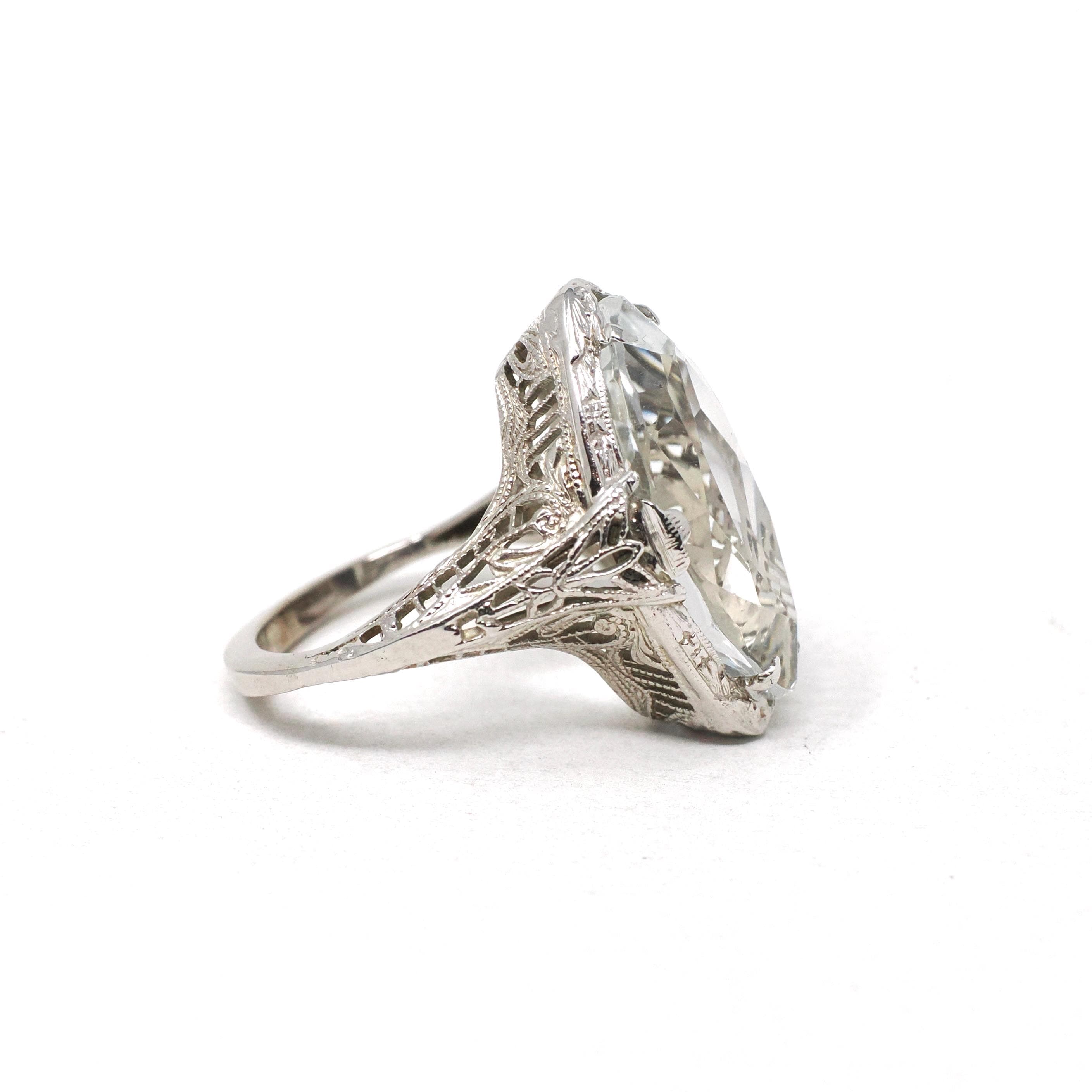 Vintage Aquamarine Ring - Art Deco 14k White Gold Blue Marquise Gemstone - Circa 1930s Era Size 4 Filigree March Birthstone Fine Jewelry