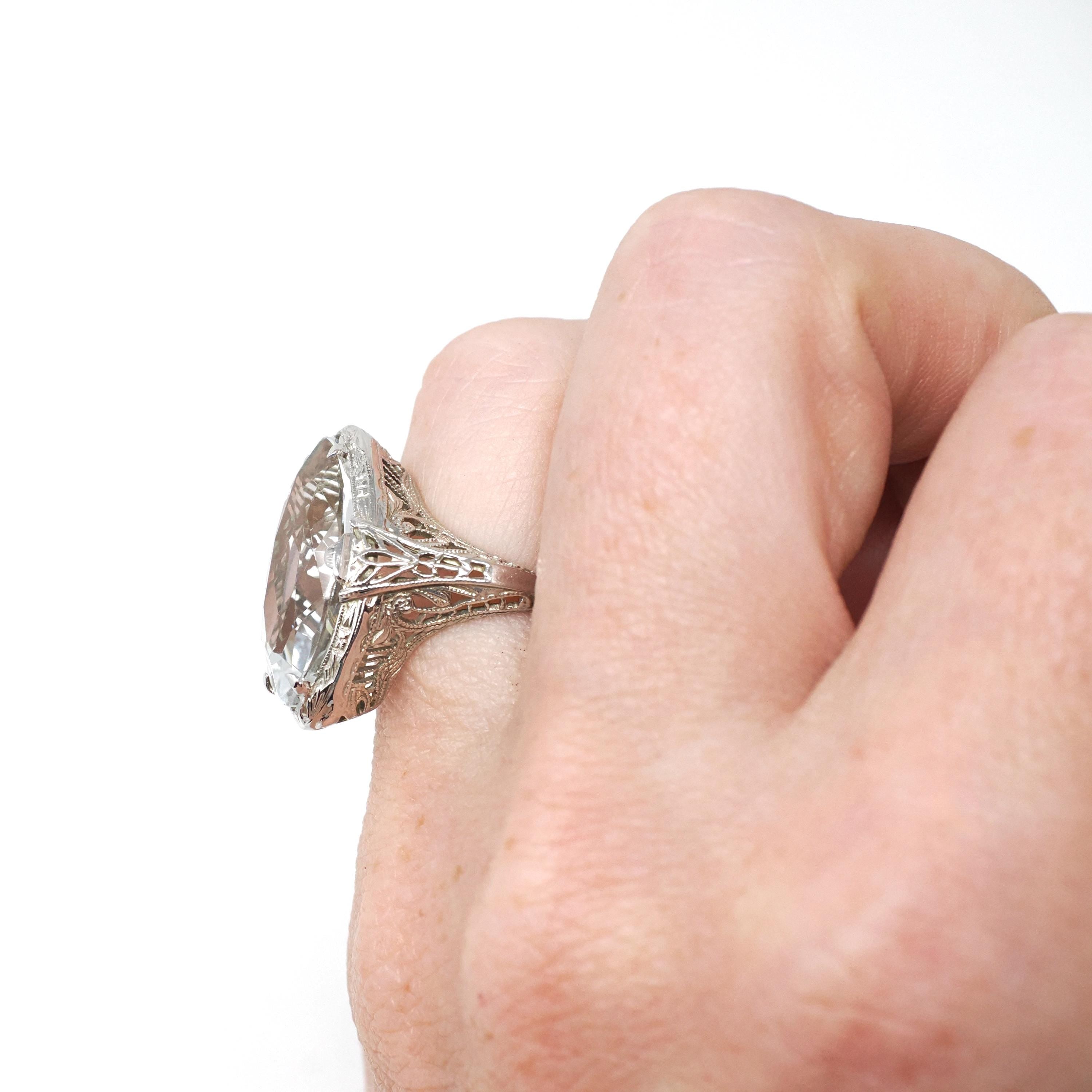 Vintage Aquamarine Ring - Art Deco 14k White Gold Blue Marquise Gemstone - Circa 1930s Era Size 4 Filigree March Birthstone Fine Jewelry