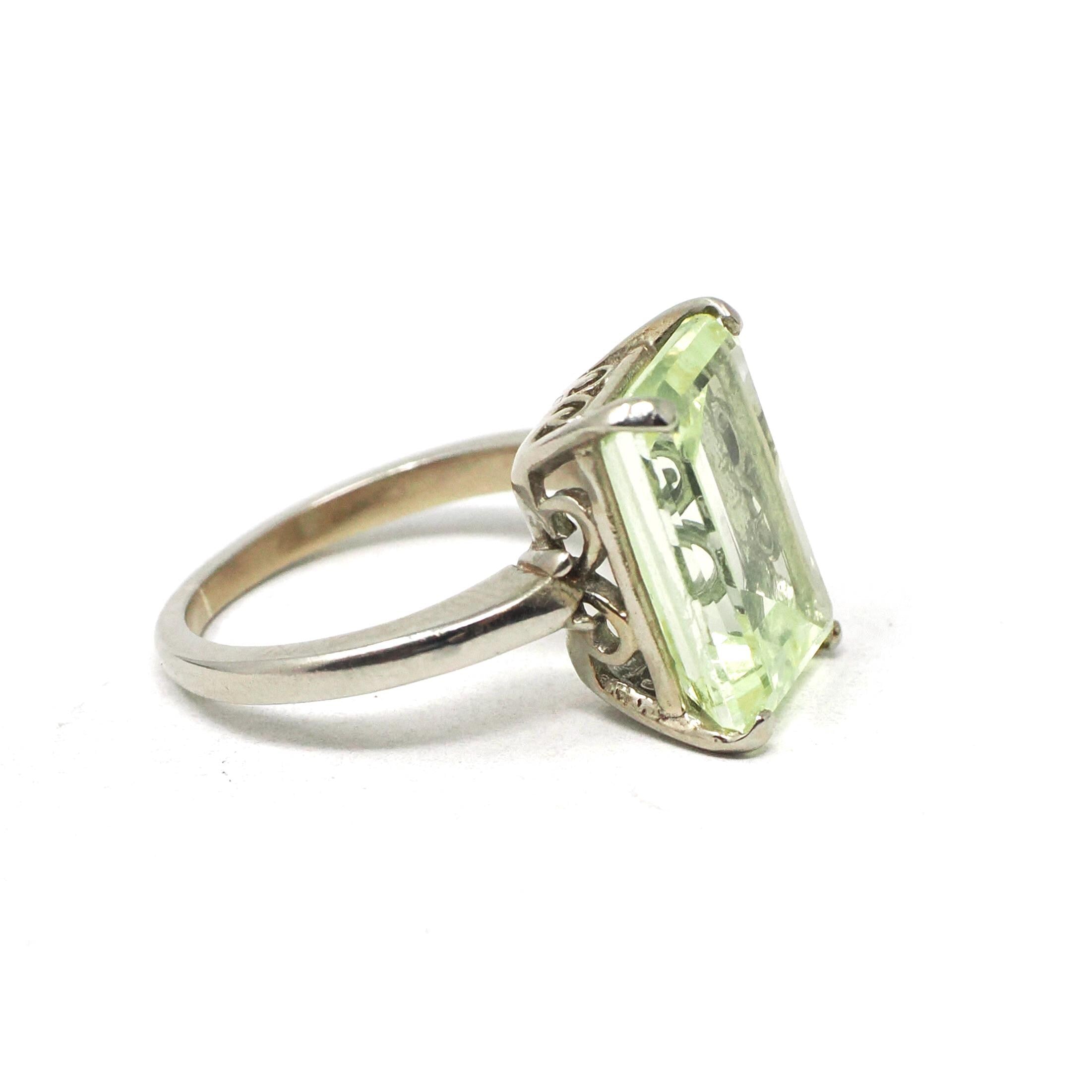 Created Spinel Ring - Retro 10k White Gold Emerald Cut Green Stone - Vintage Circa 1960s Era Size 3 Statement Fine August Birthstone Jewelry