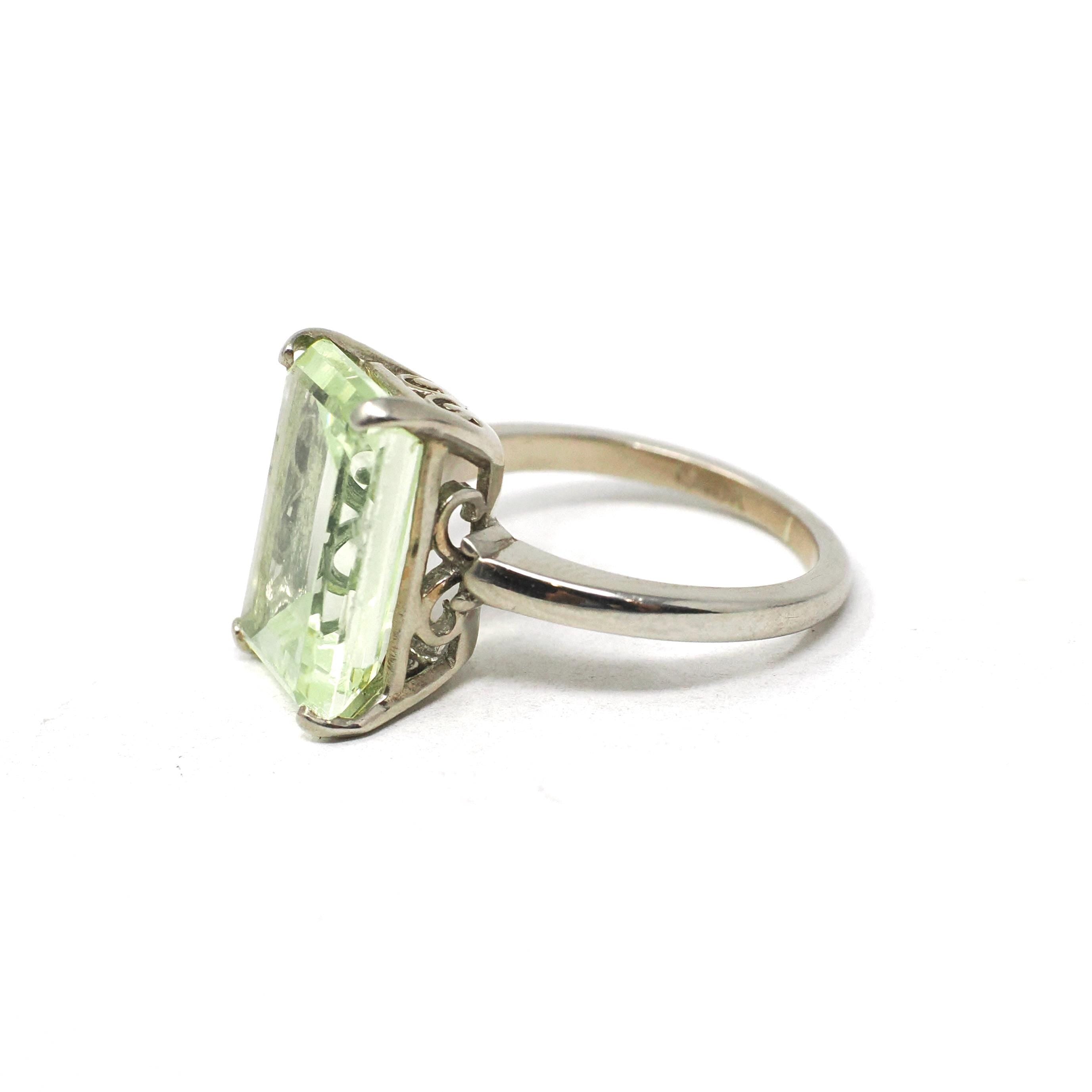 Created Spinel Ring - Retro 10k White Gold Emerald Cut Green Stone - Vintage Circa 1960s Era Size 3 Statement Fine August Birthstone Jewelry