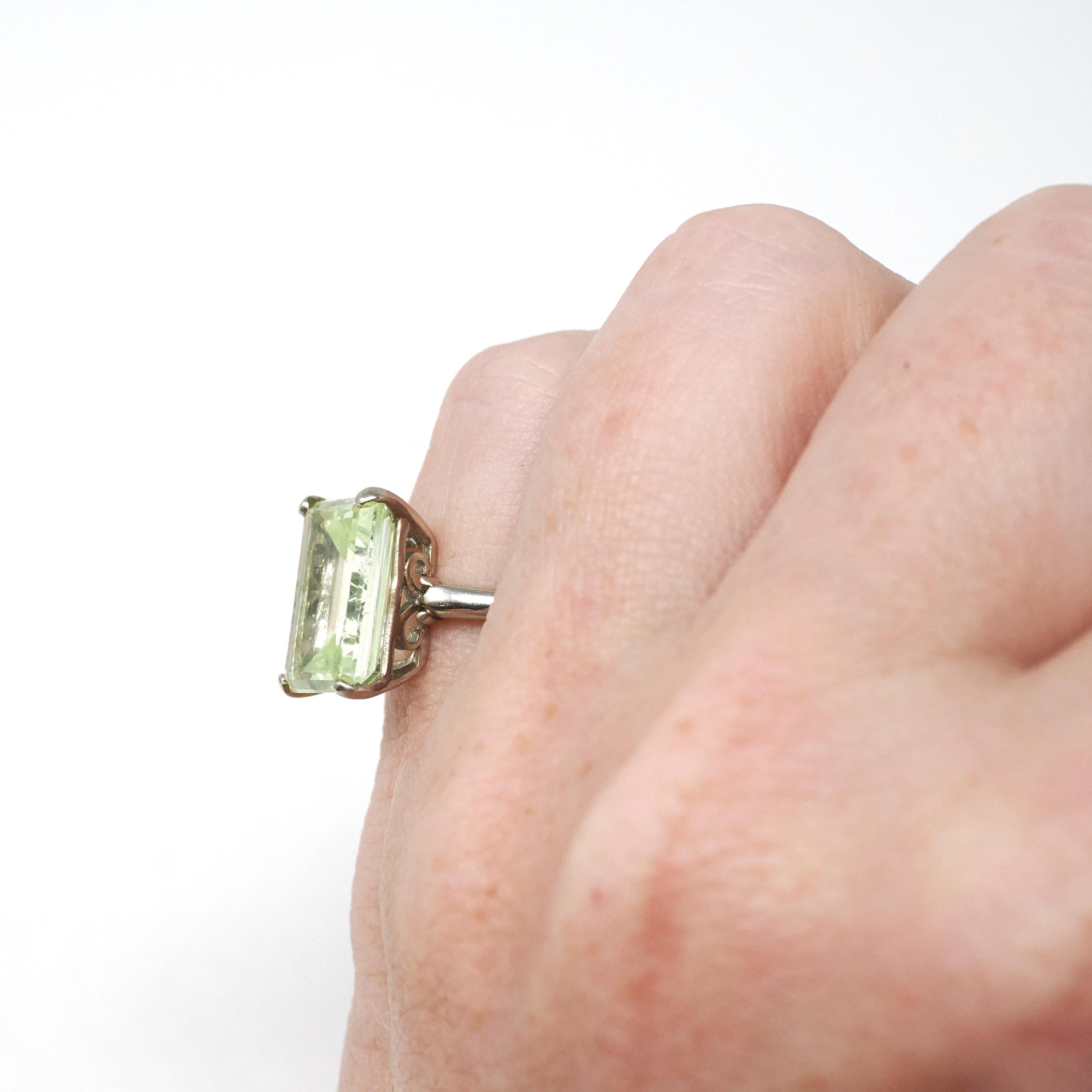 Created Spinel Ring - Retro 10k White Gold Emerald Cut Green Stone - Vintage Circa 1960s Era Size 3 Statement Fine August Birthstone Jewelry