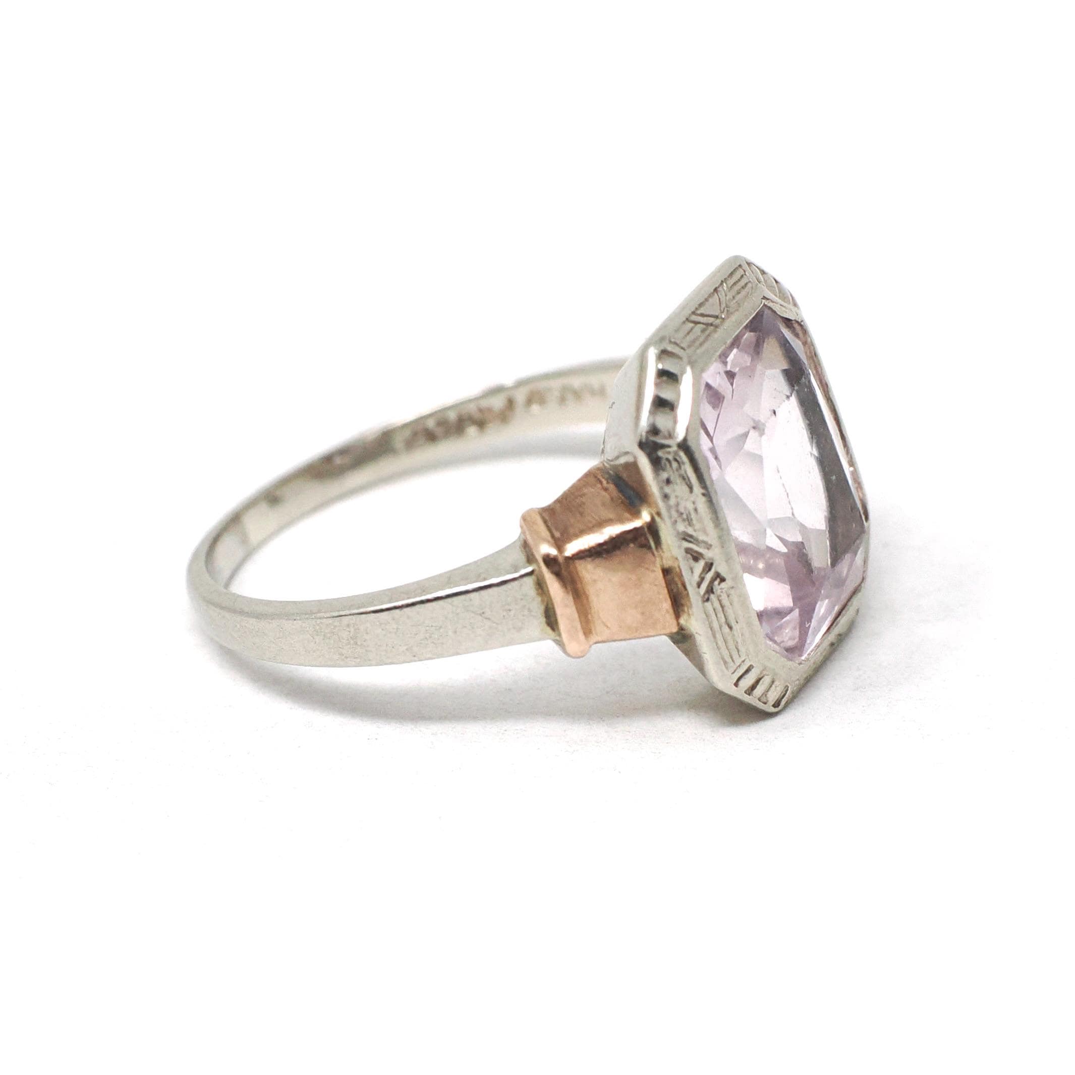 Created Spinel Ring - Vintage 10k White & Rose Gold Pink Faceted Gemstone - Art Deco Circa 1930s Size 5 1/4 Two Tone Fine Statement Jewelry