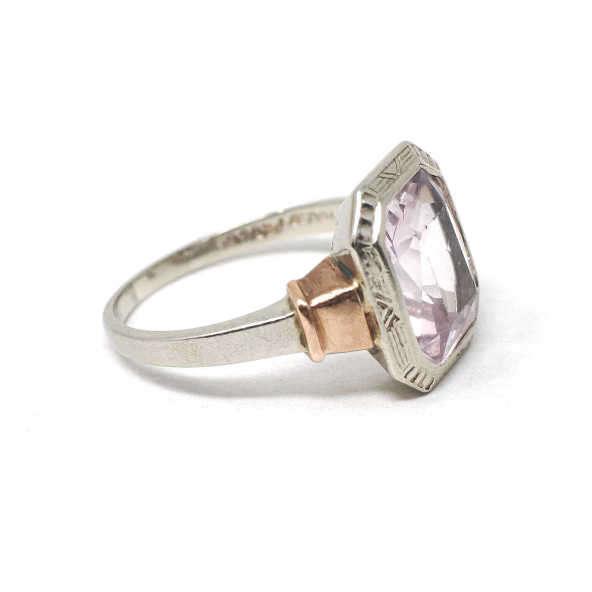 Created Spinel Ring - Vintage 10k White & Rose Gold Pink Faceted Gemstone - Art Deco Circa 1930s Size 5 1/4 Two Tone Fine Statement Jewelry
