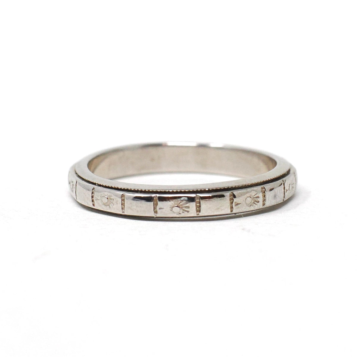 Art Deco Band - Vintage 14k White Gold Orange Blossom Engraved Design Ring - Circa 1930s Size 4 3/4 Wedding Bridal Fine Statement Jewelry