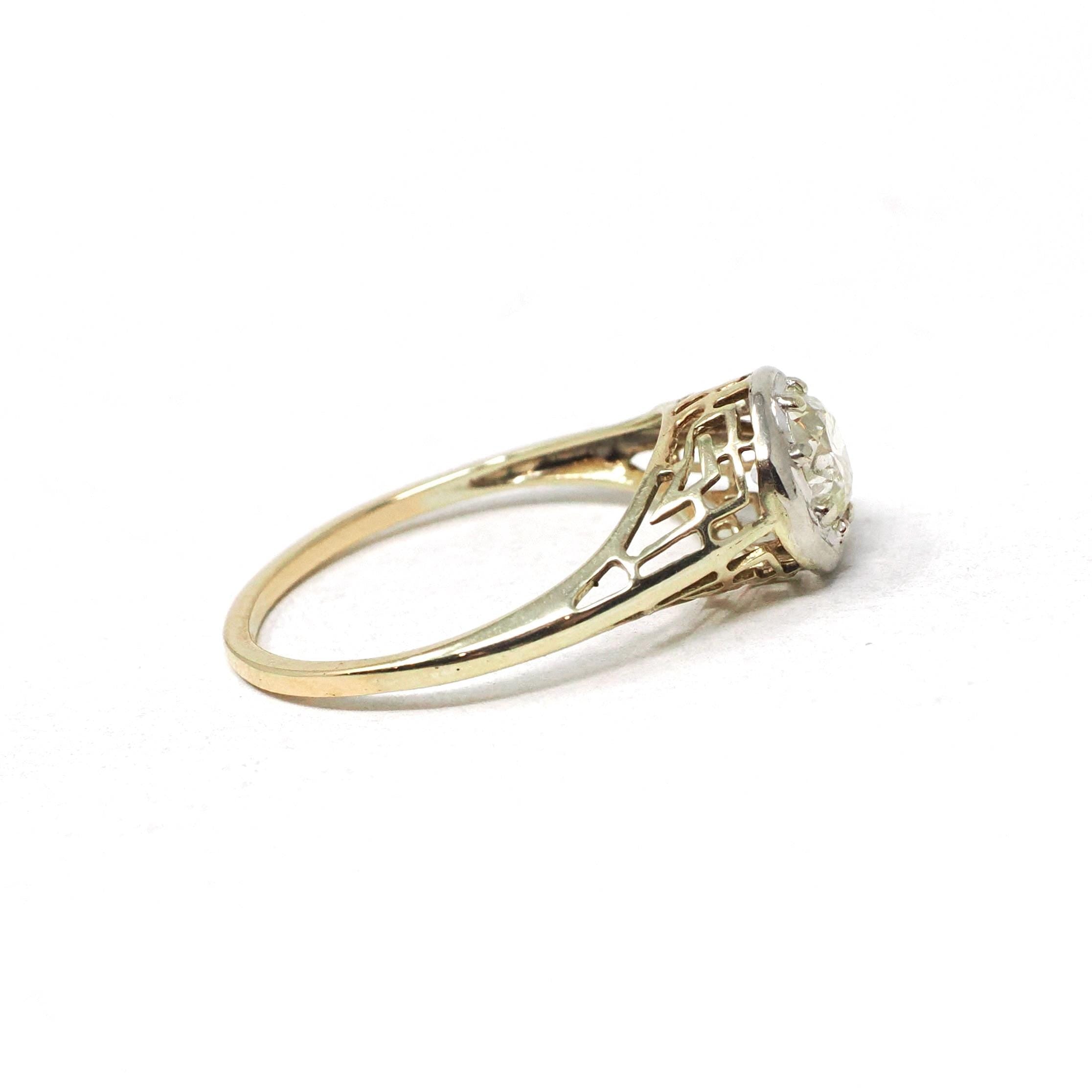 Art Deco Engagement Ring - Vintage 14k Yellow & White Gold Filigree 0.67 CT Old European Diamond - Circa 1930s Era Size 6 1/2 Fine Jewelry