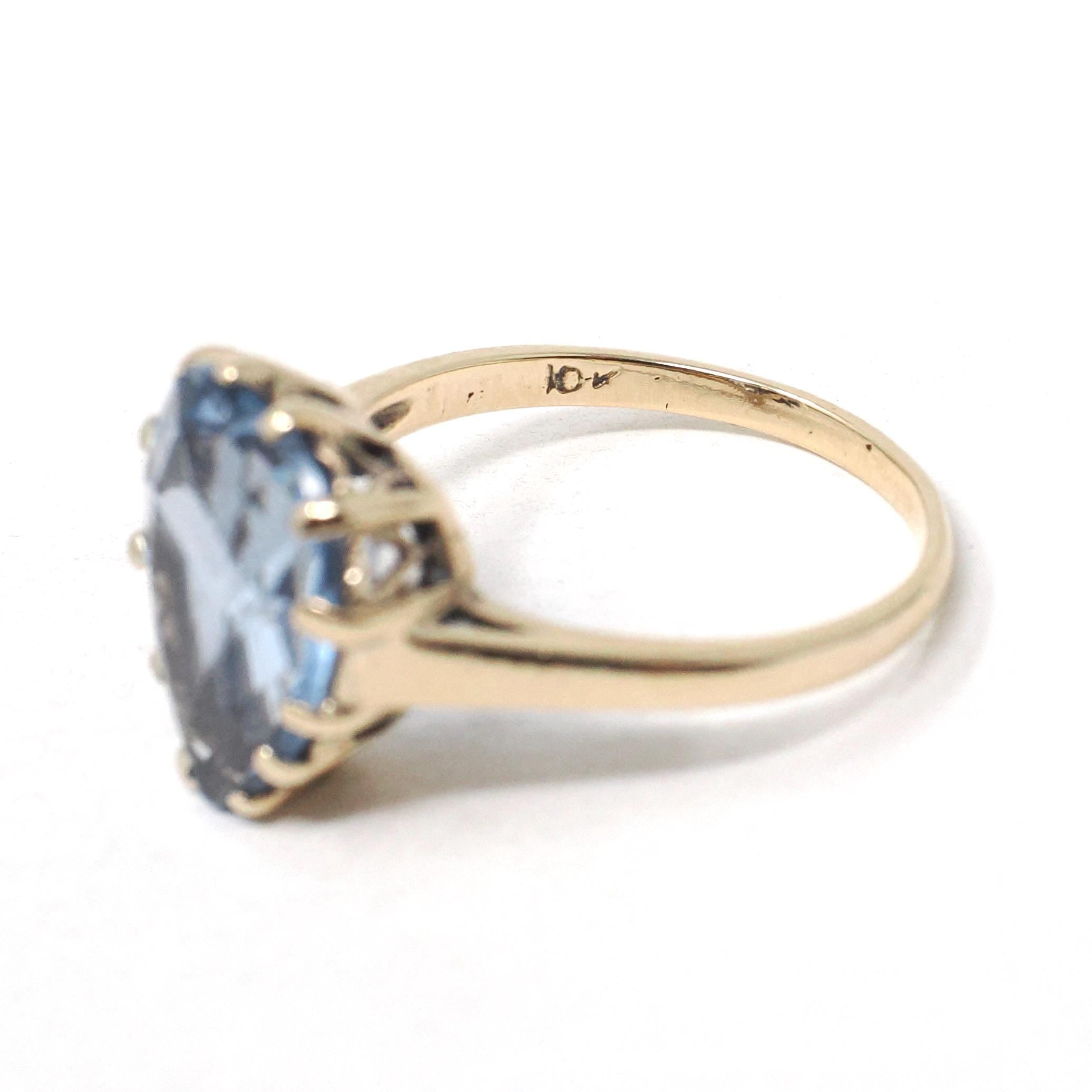 Vintage Heart Ring - Mid Century 10k Yellow Gold Created Blue Spinel Gemstone - Circa 1940s Era Size 6 1/2 Statement Love Fine Jewelry