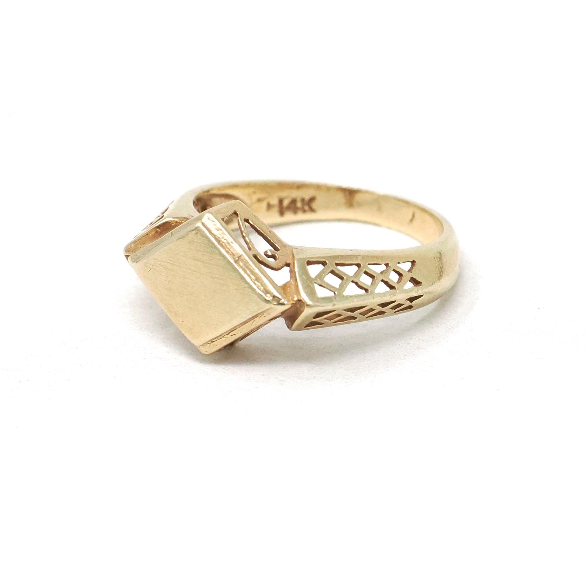 Edwardian Blank Signet - Antique 14k Yellow Gold Lozenge Shaped Ring - Circa 1910s Era Size 3 3/4 Filigree Fine Engravable Statement Jewelry