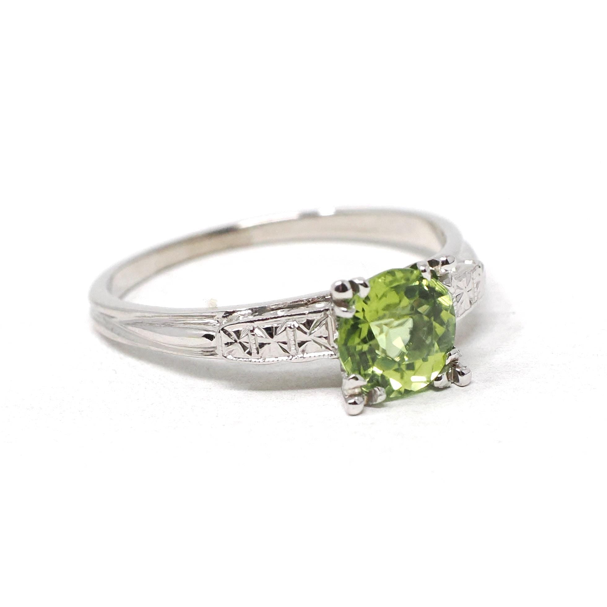 Vintage Peridot Ring - Mid Century 14k White Gold Natural Green Gemstone - Circa 1950s Era Size 8 Illusion Solitaire Engagement Fine Jewelry
