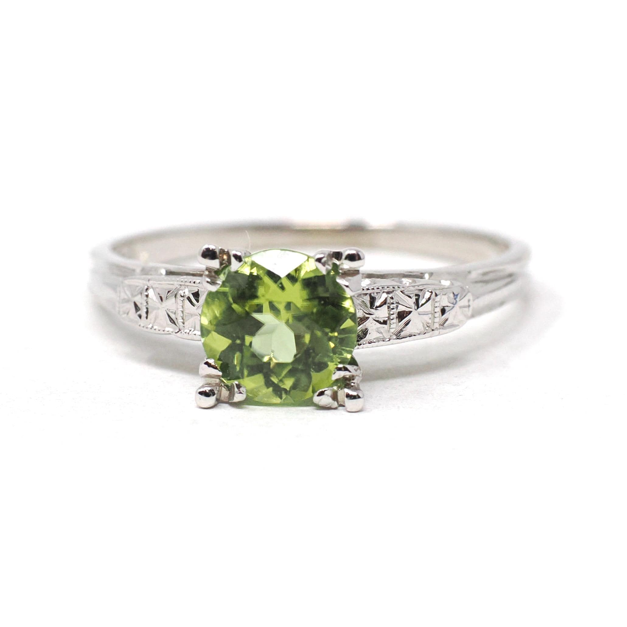 Vintage Peridot Ring - Mid Century 14k White Gold Natural Green Gemstone - Circa 1950s Era Size 8 Illusion Solitaire Engagement Fine Jewelry