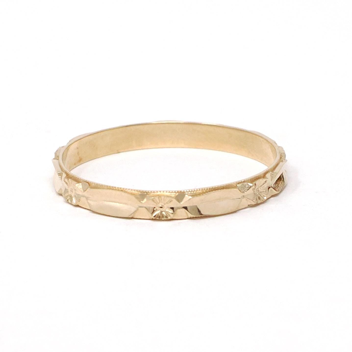 Eternity Flower Band - Estate 14k Yellow Gold Floral Stacking Wedding Ring - Modern Era Size 12 Nature Inspired Dainty Bridal Fine Jewelry