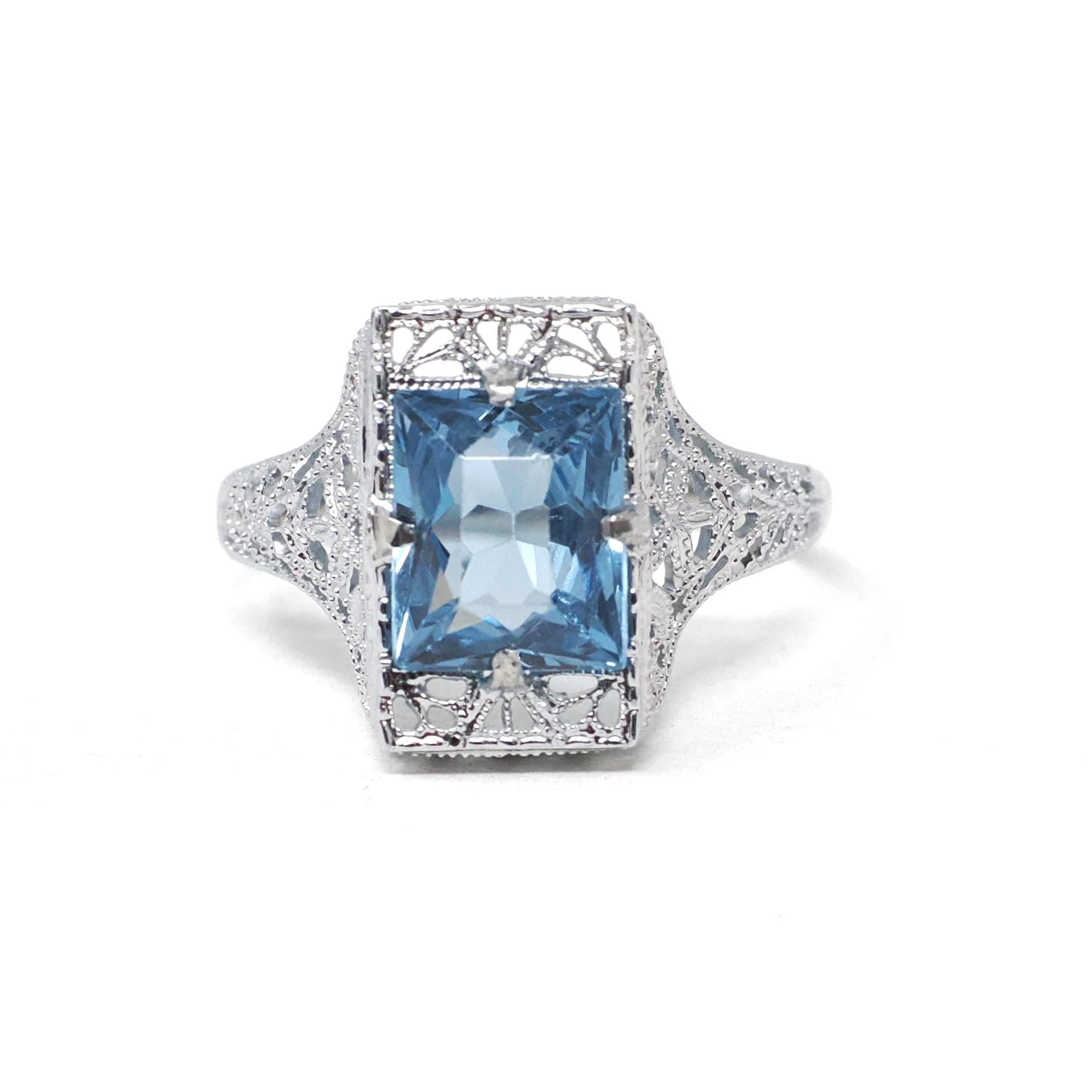 Art Deco Filigree Ring - Vintage 14k White Gold French Cut Created Blue Spinel Solitaire - Circa 1930s Size 6 Fine August Birthstone Jewelry
