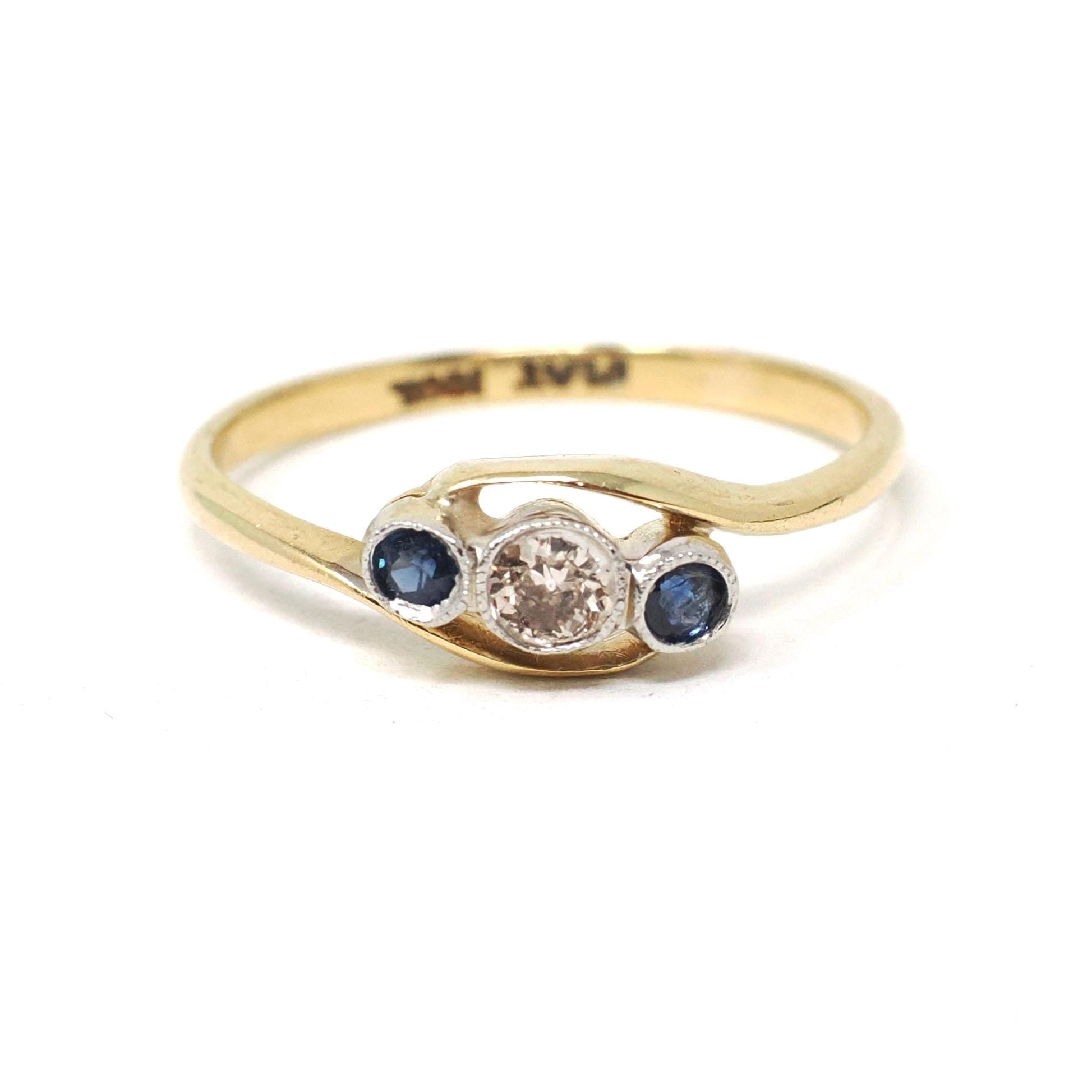 Antique Bypass Ring - Edwardian 18k Yellow Gold Platinum Sapphire & .10 CTW Diamond Band - Circa 1910s Era Size 6.5 Fine Engagement Jewelry